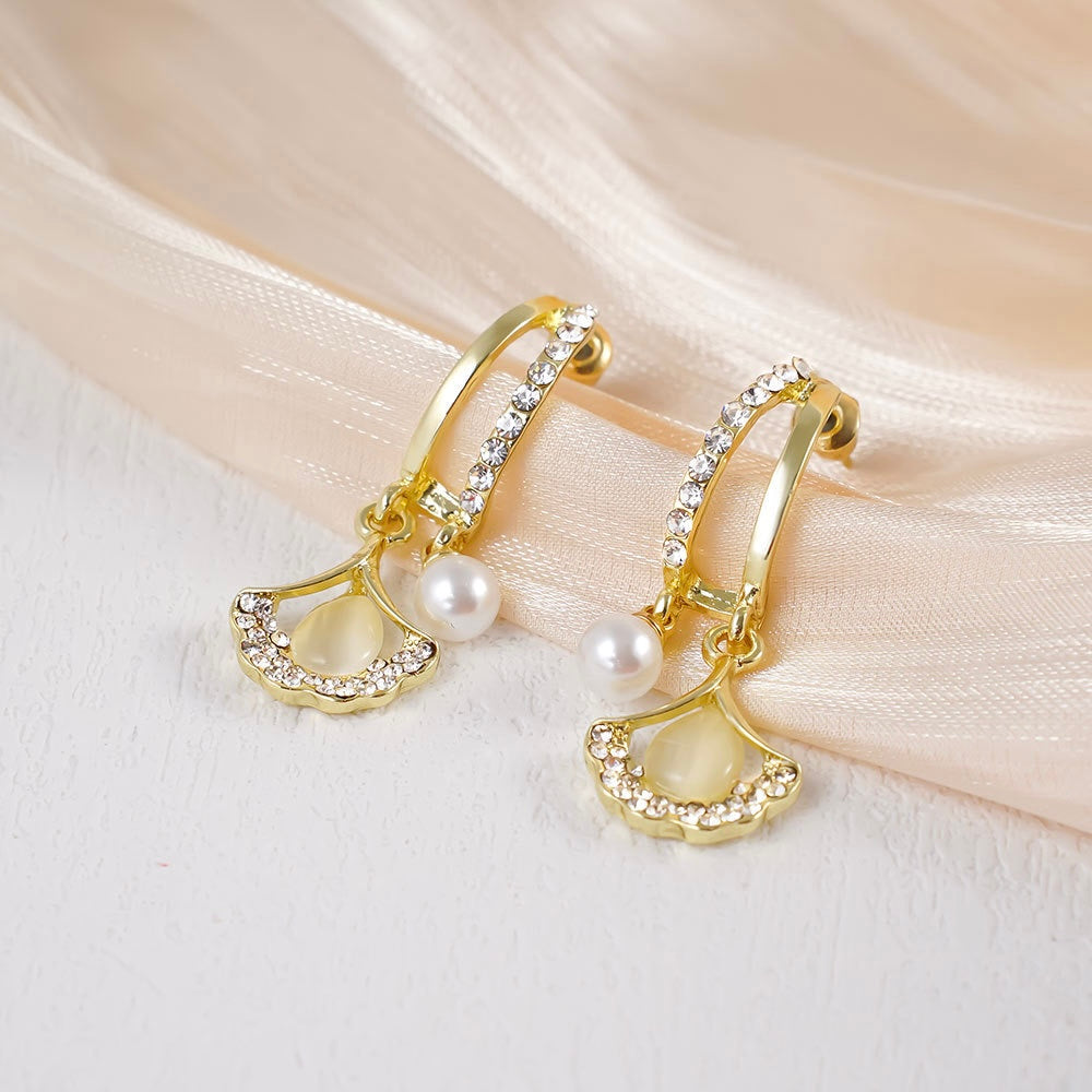 Ginkgo Leaf Hoop Earrings with Dangle Pearl | A8079 - Elegant Nature-Inspired Jewelry for Women, Perfect for Weddings, Parties & Everyday Wear