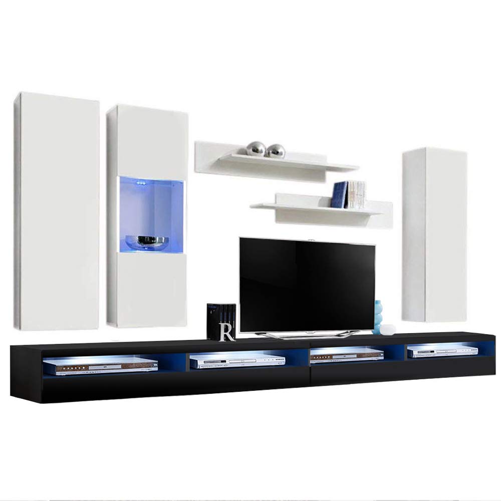 Modern Floating TV Stand with Storage & LED Lights - Wall-Mounted Entertainment Center for Bedroom & Living Room - White/Black TV Console with Shelves - Perfect for Small Spaces & Home Theater Setup