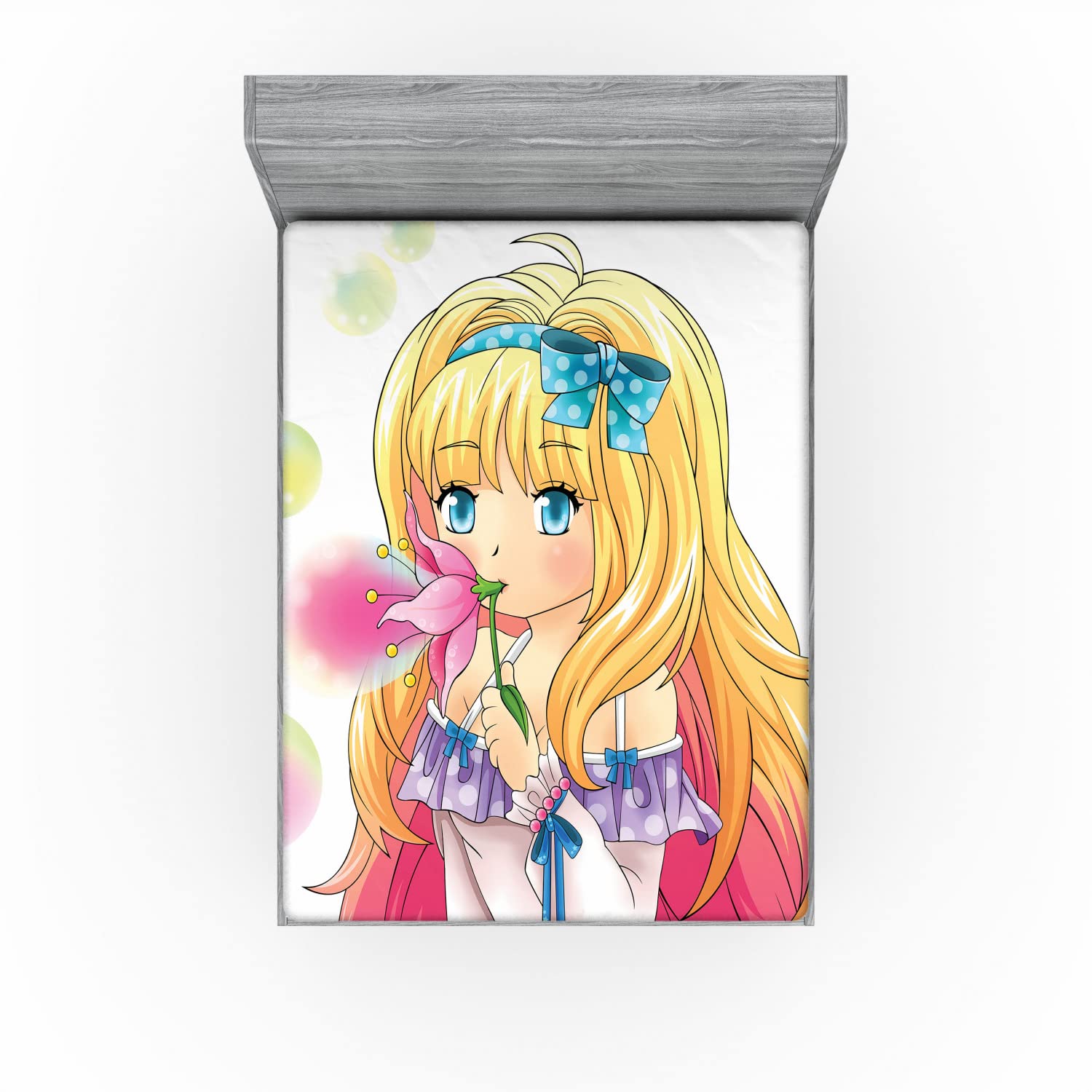 Ambesonne Anime Fitted Sheet - Japanese Manga Girl Blowing Bubbles from Flower Cartoon Art Print, Full Size Deep Pocket Bed Cover with All-Around Elastic (Pink & Yellow) | Perfect for Anime Fans, Themed Bedrooms & Gift Giving