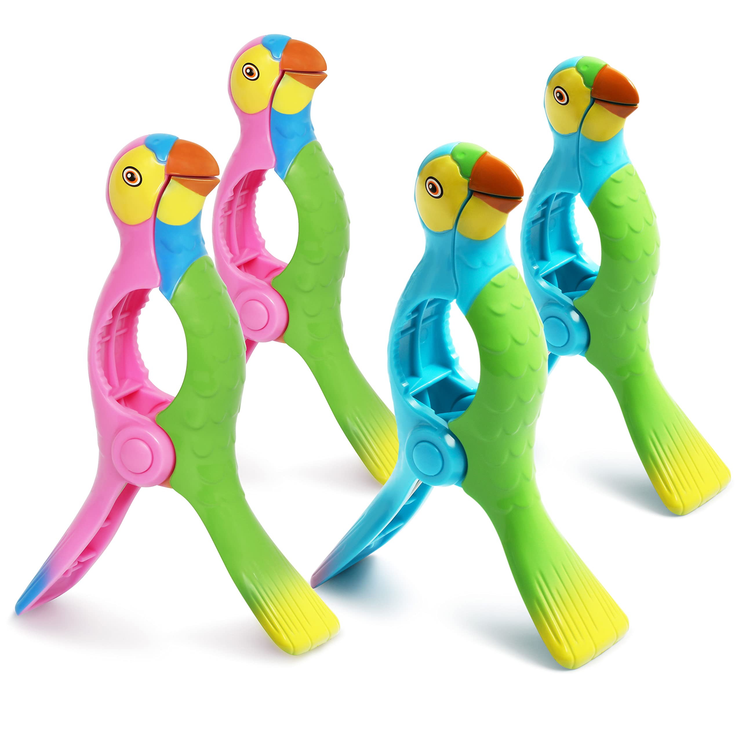 Kaluofan 4PCS Strong Parrot-Shaped Beach Towel Clips for Chairs - Vivid Blue & Pink - Perfect for Poolside, Beach, and Outdoor Relaxation