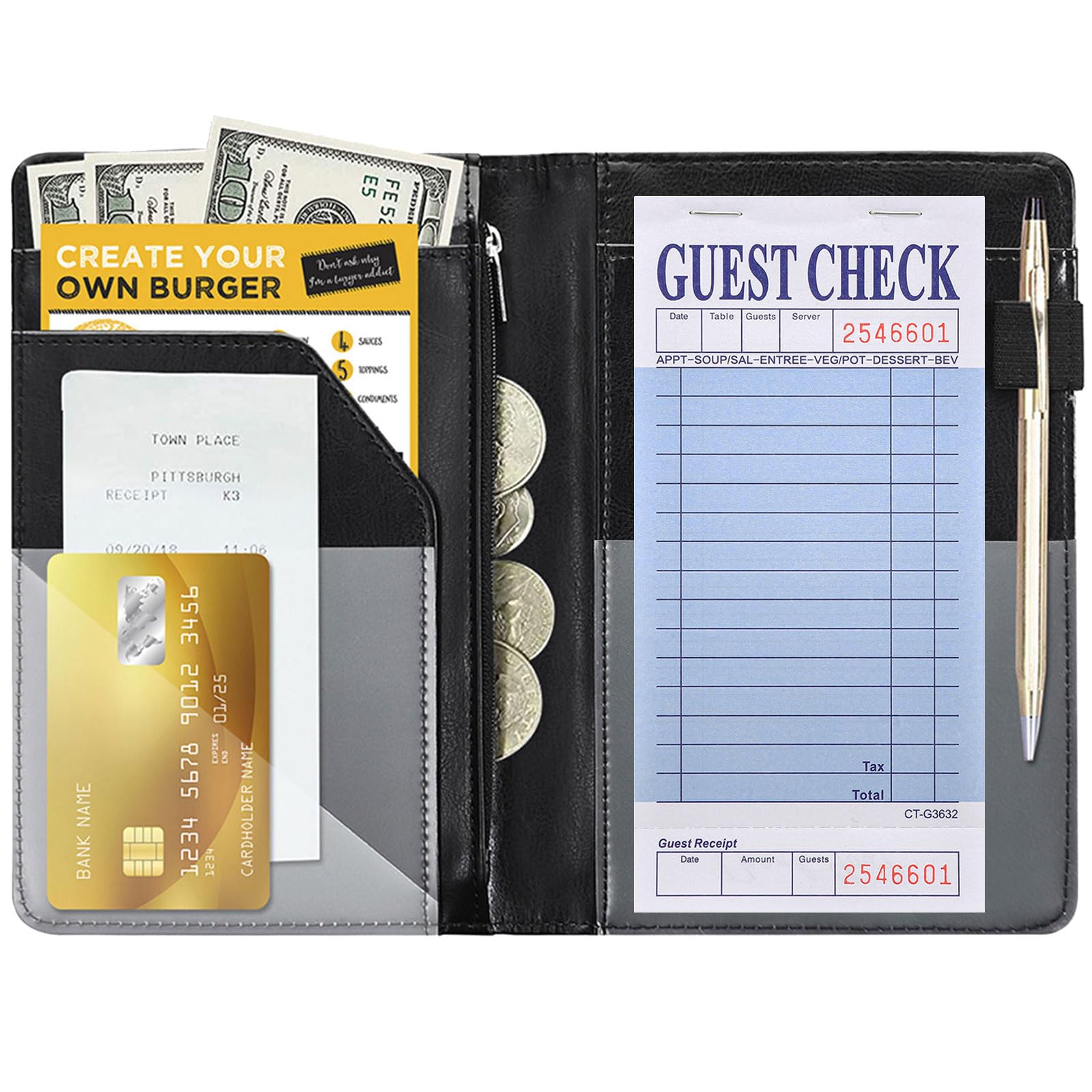 Black Server Book with Zipper Pocket - Waiter Organizer for Notes & Cash - Perfect for Restaurant Staff