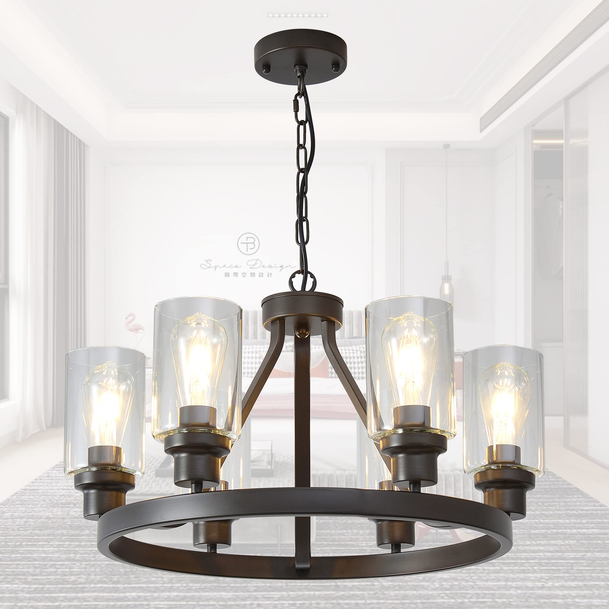 Vintage Farmhouse Chandelier - 6-Light Oil Rubbed Bronze Ceiling Fixture with Glass Shades for Dining Room, Living Room, Foyer, Porch & Kitchen Island | Rustic Lighting for Country Homes, Cabin Decor & Wedding Venues