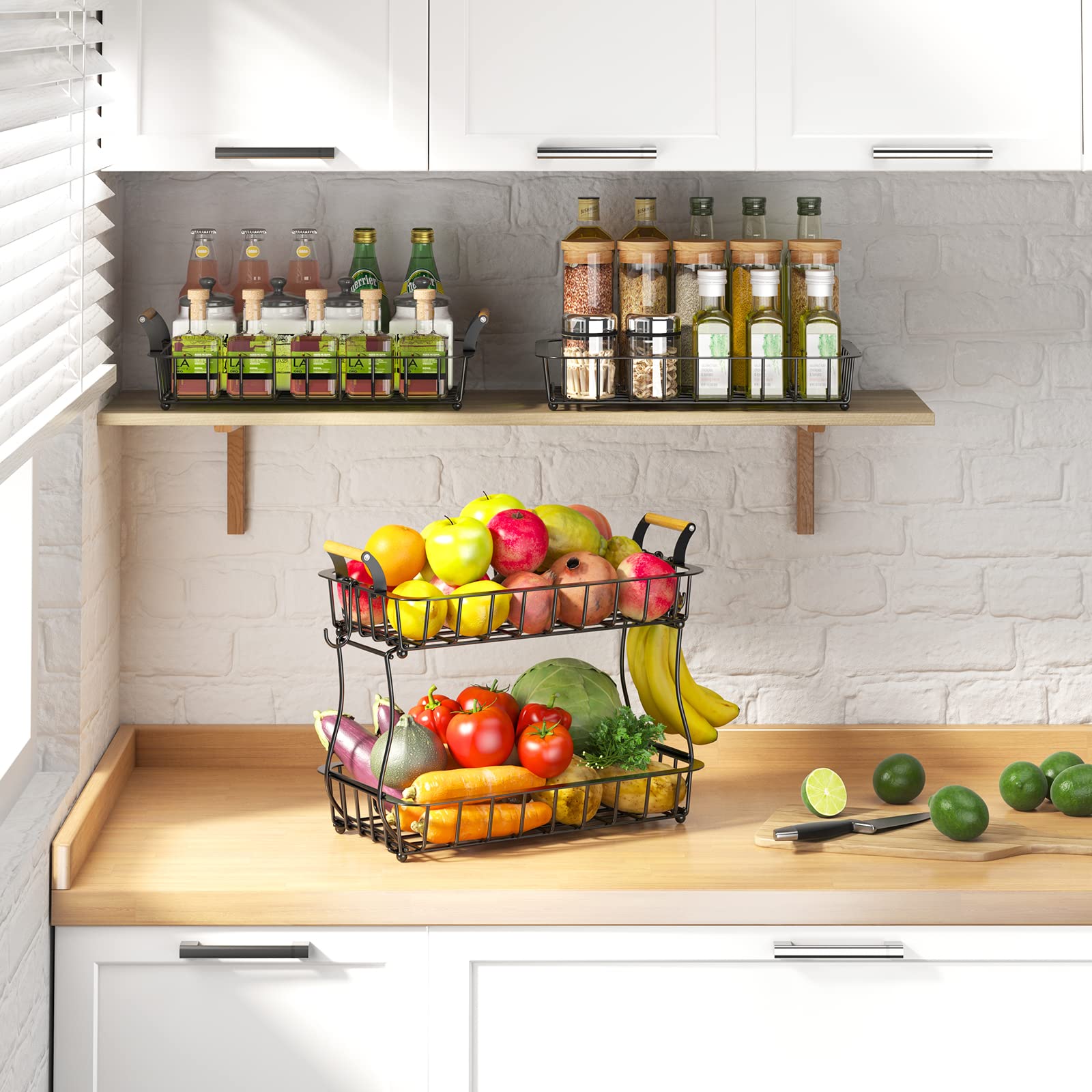 2-Tier Countertop Fruit Basket Bowl Storage with Two Banana Hangers and Wooden Handles - Black | Space-Saving Kitchen Organizer for Fruits, Vegetables & Snacks | Perfect for Countertop, Pantry or Dining Table Display