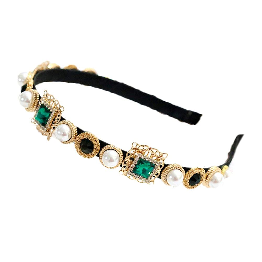 Elegant Baroque Pearl Headband with Rhinestones - Vintage Bridal Hair Accessory for Weddings, Prom & Special Events - Green Glass Zircon Hair Hoop (Color: Green) | Perfect for Brides, Formal Occasions & Photo Shoots