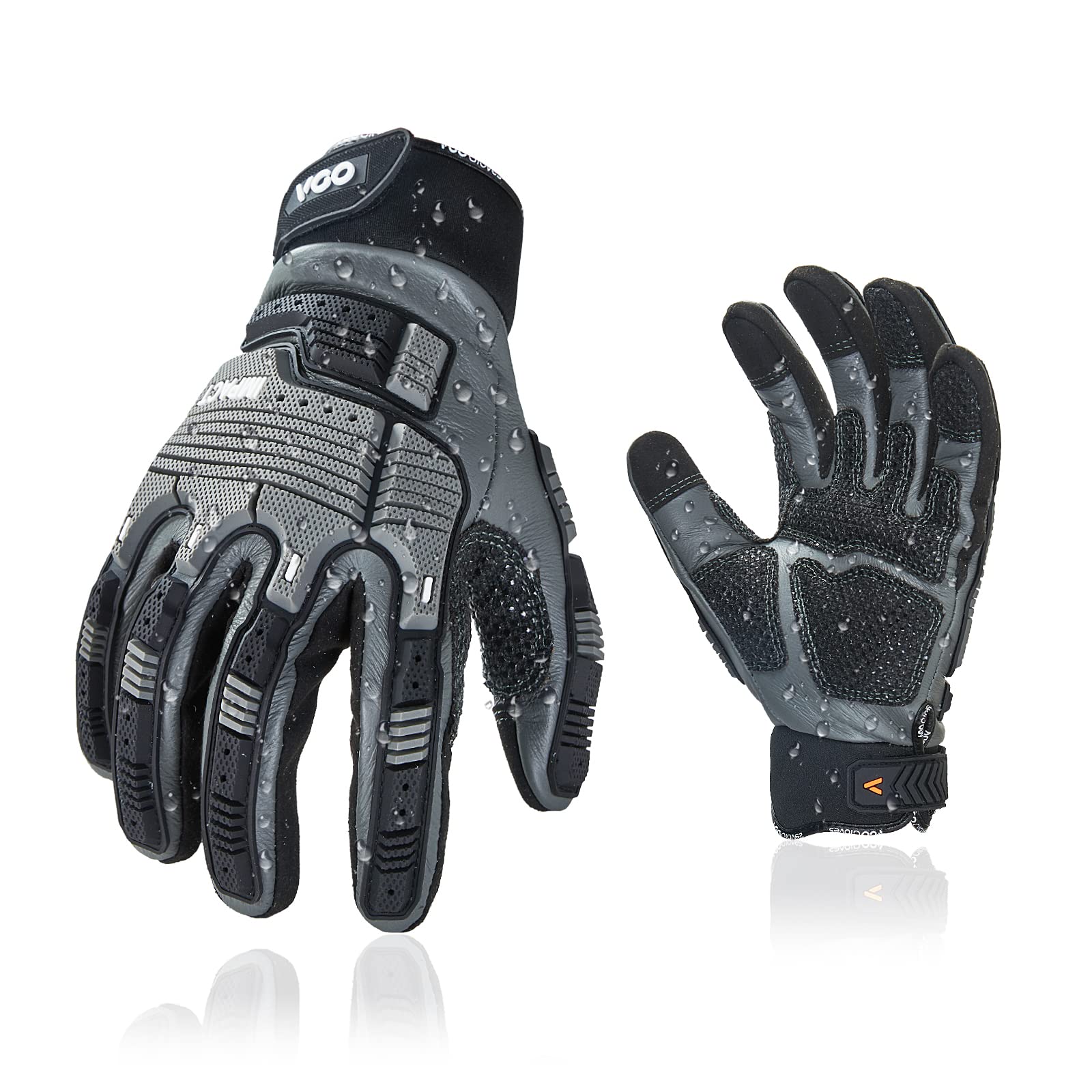Vgo Heavy Duty Leather Work Gloves for Mechanics - Water Resistant, Impact & Vibration Proof (CA7722WR) - Ideal for Automotive Repair, Construction & Outdoor Work