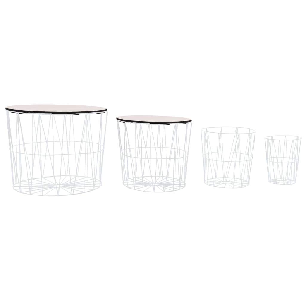 Stackable Round Coffee Tables with Storage Baskets - Set of 4 White Nesting Side Tables for Living Room | Removable Wood Tops | Perfect for Small Spaces, Home Decor & Coffee Serving