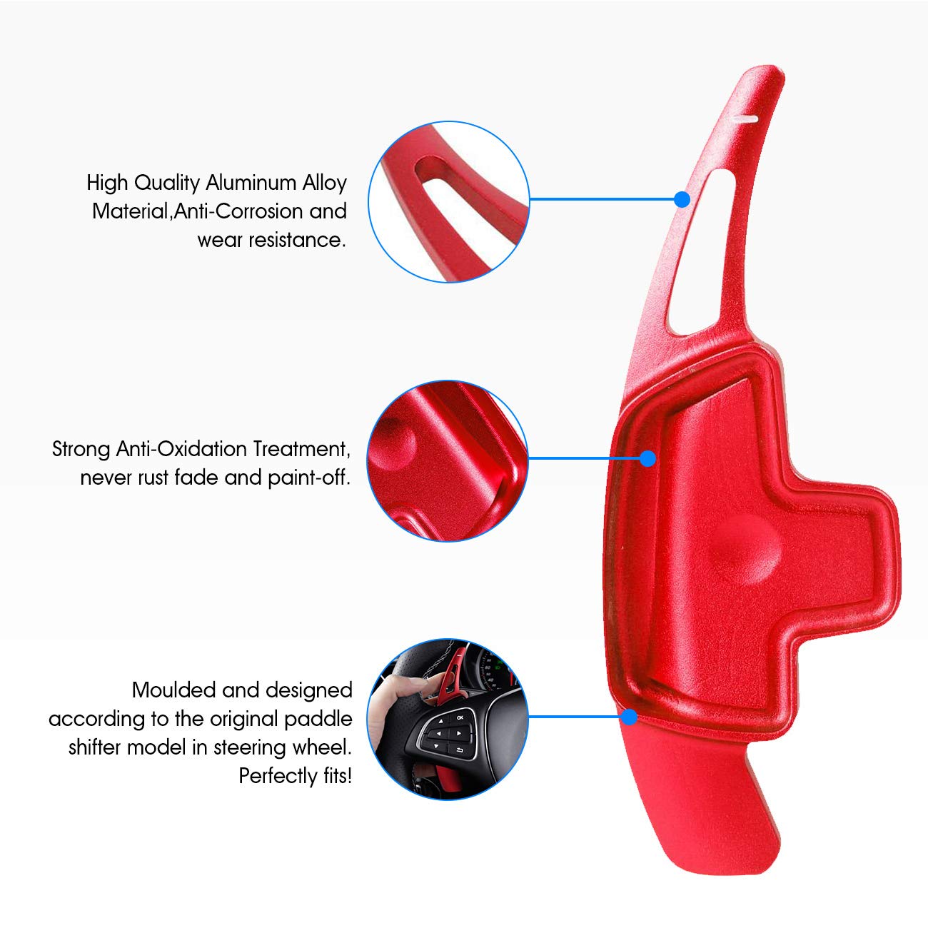 Aluminum Paddle Shifter Extensions for Mercedes Benz A/B/C/CLA/CLS/E/G/GL/GLA/GLC/GLE/GLS/Metris/S/SL/SLC Class - Red Metal Steering Wheel Shift Blades for Enhanced Driving Experience & Sporty Look