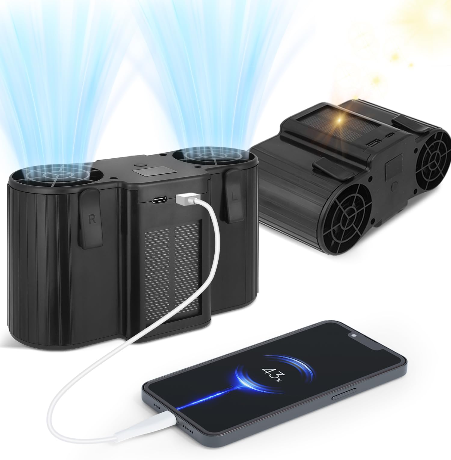 Portable Solar-Powered Waist Clip Fan - 20000mAh Rechargeable Wearable Fan with 8000 RPM Strong Airflow, 4 Speed Settings & LED Display - Perfect for Camping, Outdoor Work, Travel, and Power Outages