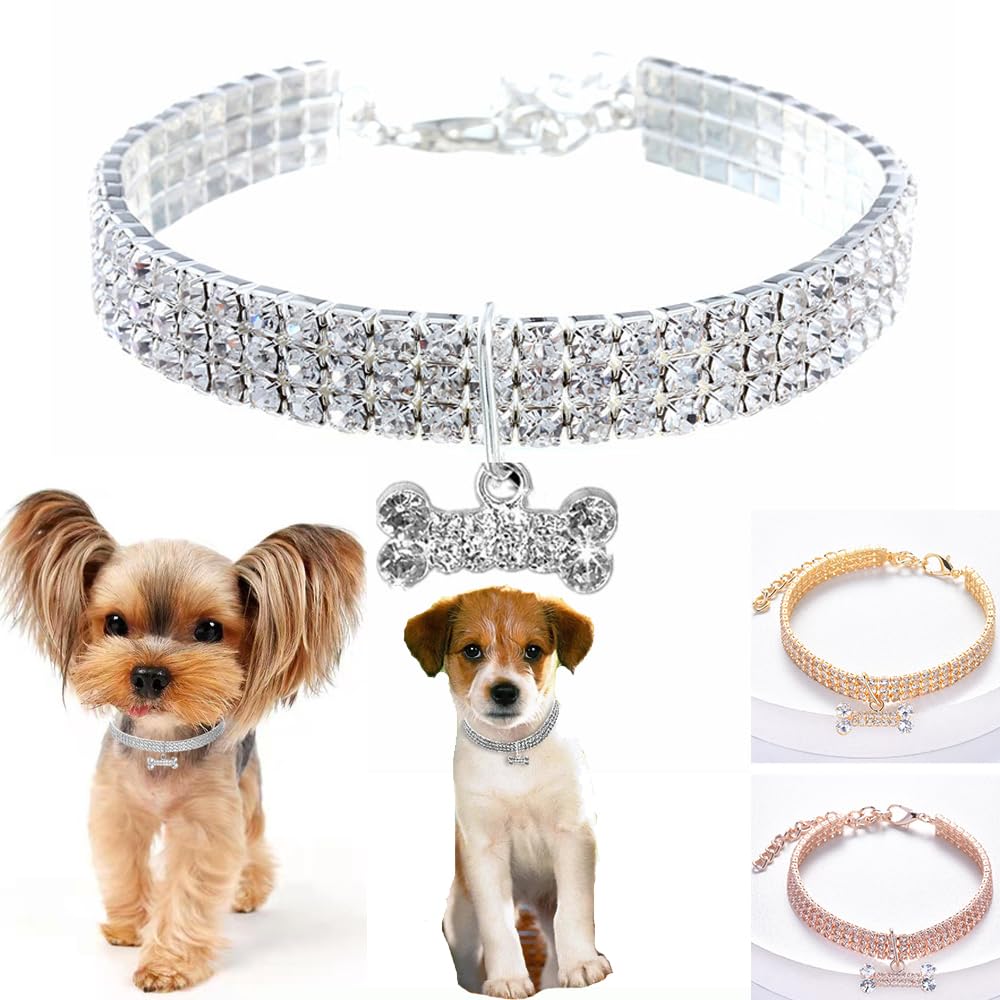 Sparkling Adjustable Rhinestone Pet Collar Necklace for Dogs & Cats - Fashion Bling Bone Design with 3 Rows Diamonds - Perfect for Weddings, Birthday Parties & Special Occasions - Silver Shiny Jewelry Gift for Small Puppies & Kittens