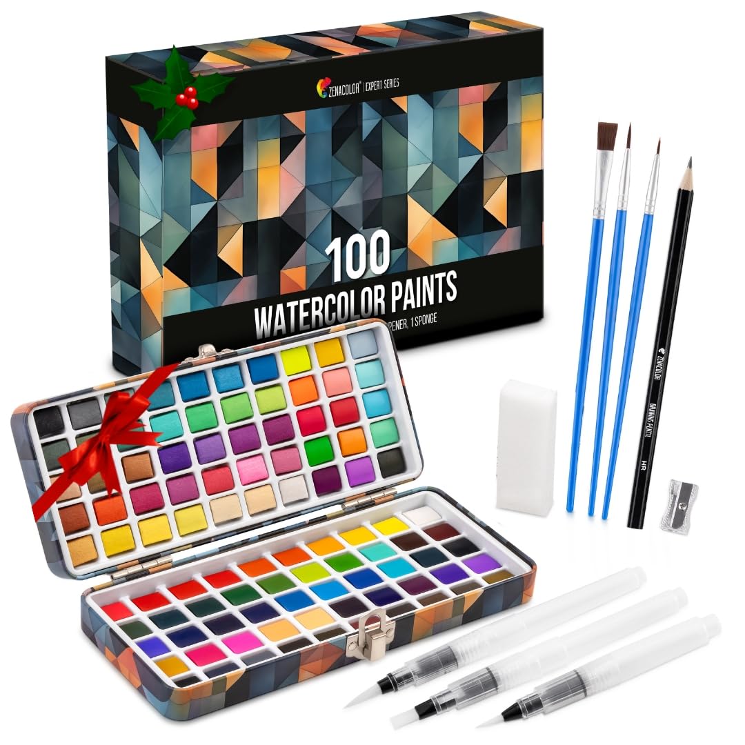 Zenacolor 100 Colors Watercolor Paint Set - Vibrant, Neon, Pastel & Metallic Watercolor Palette with 3 Brush Pens for Adults & Kids | Perfect for Art Projects, DIY Crafts, and Classroom Painting Activities