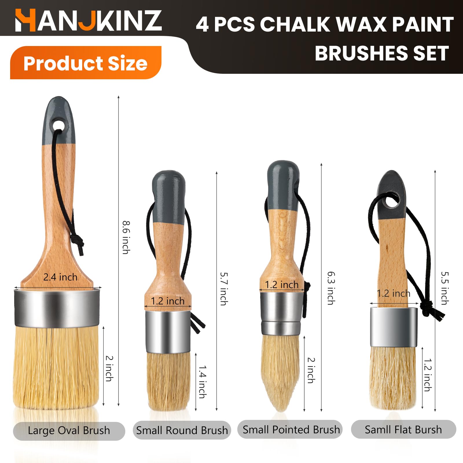 4-Piece Natural Bristle Chalk & Wax Paint Brush Set - Perfect for Furniture Painting, Milk Paint, Stenciling & Waxing - Ideal for DIY Home Decor, Cabinet Refinishing & Craft Projects