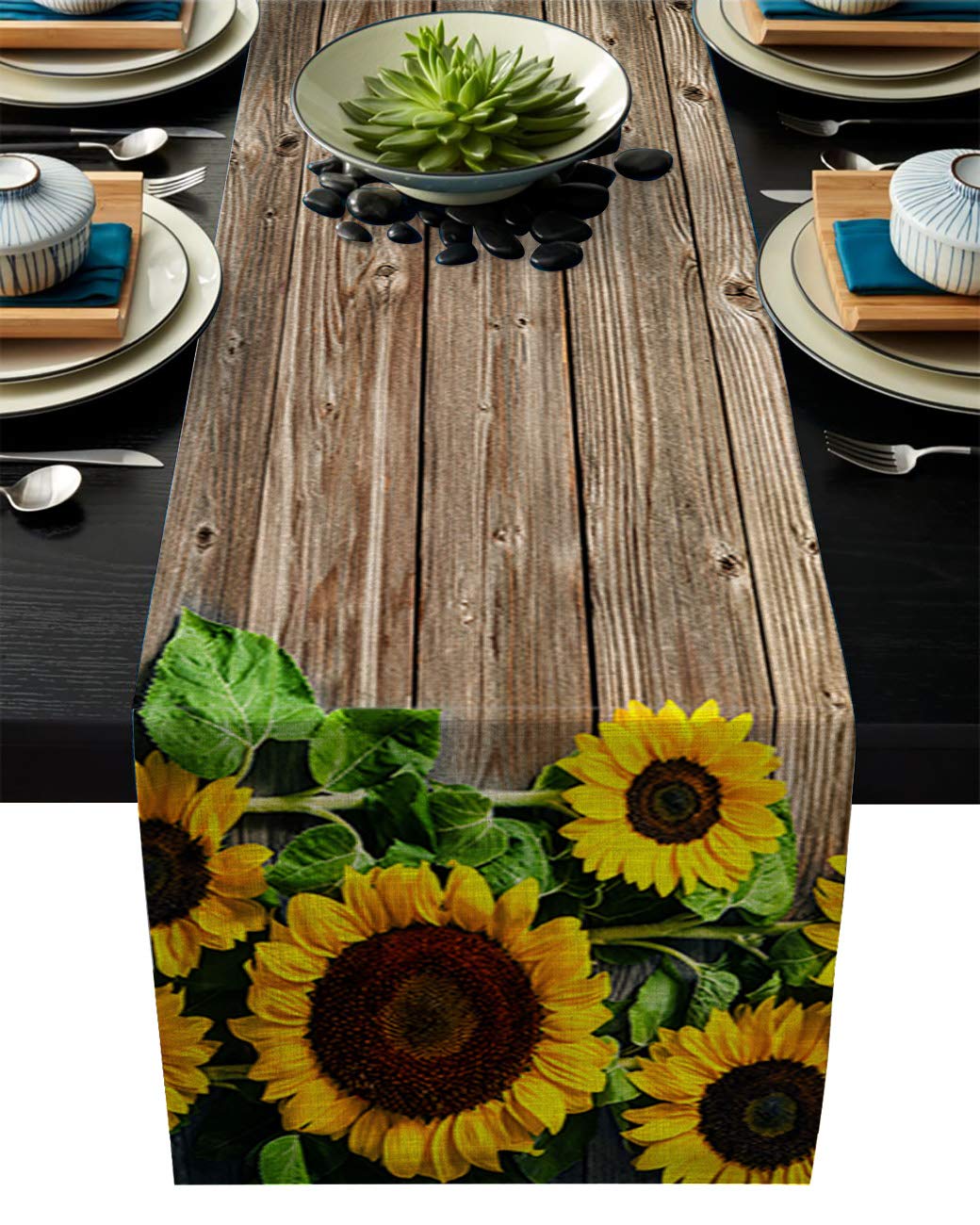 Rustic Sunflower Linen Burlap Table Runner 13x70 Inch - Farmhouse Kitchen Decor for Weddings, Parties & Everyday Use - Indoor Outdoor Table Decor with Wood Plank Design
