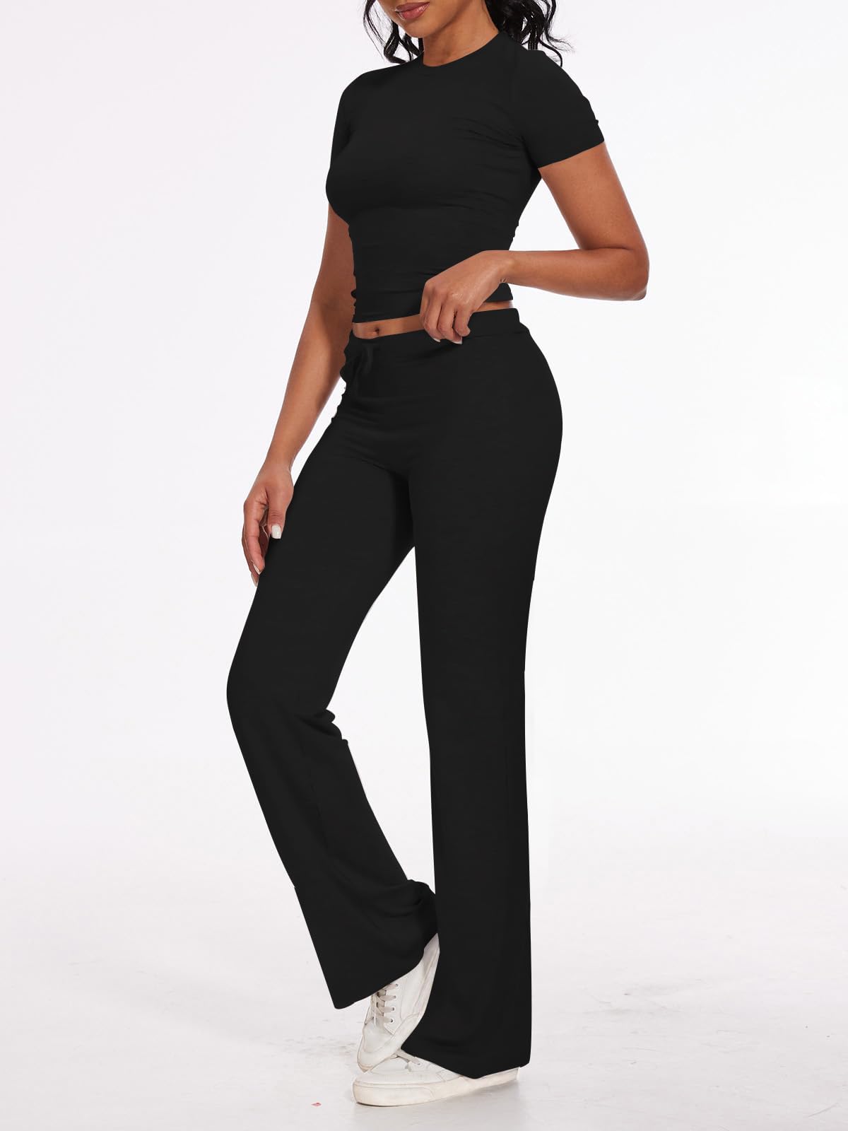 NANKEYSTAR Women's 2-Piece Lounge Set - Short Sleeve Crop Top & Flare Leg Pants Comfy Outfit | Perfect for Yoga, Travel & Relaxing at Home