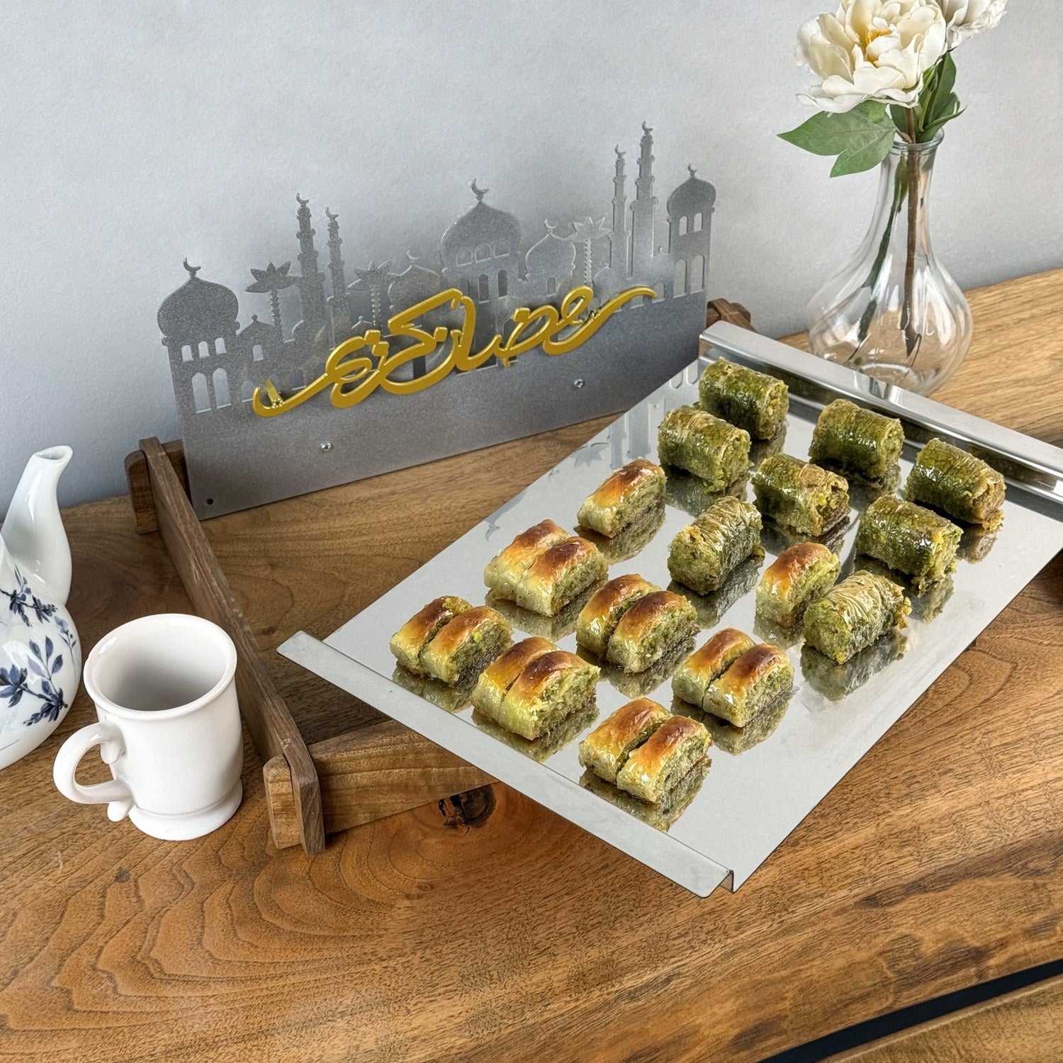 Premium Ramadan Serving Tray - Handcrafted Solid Walnut Wood & Decorative Metal Islamic Tray for Iftar, Eid Celebrations & Home Decor