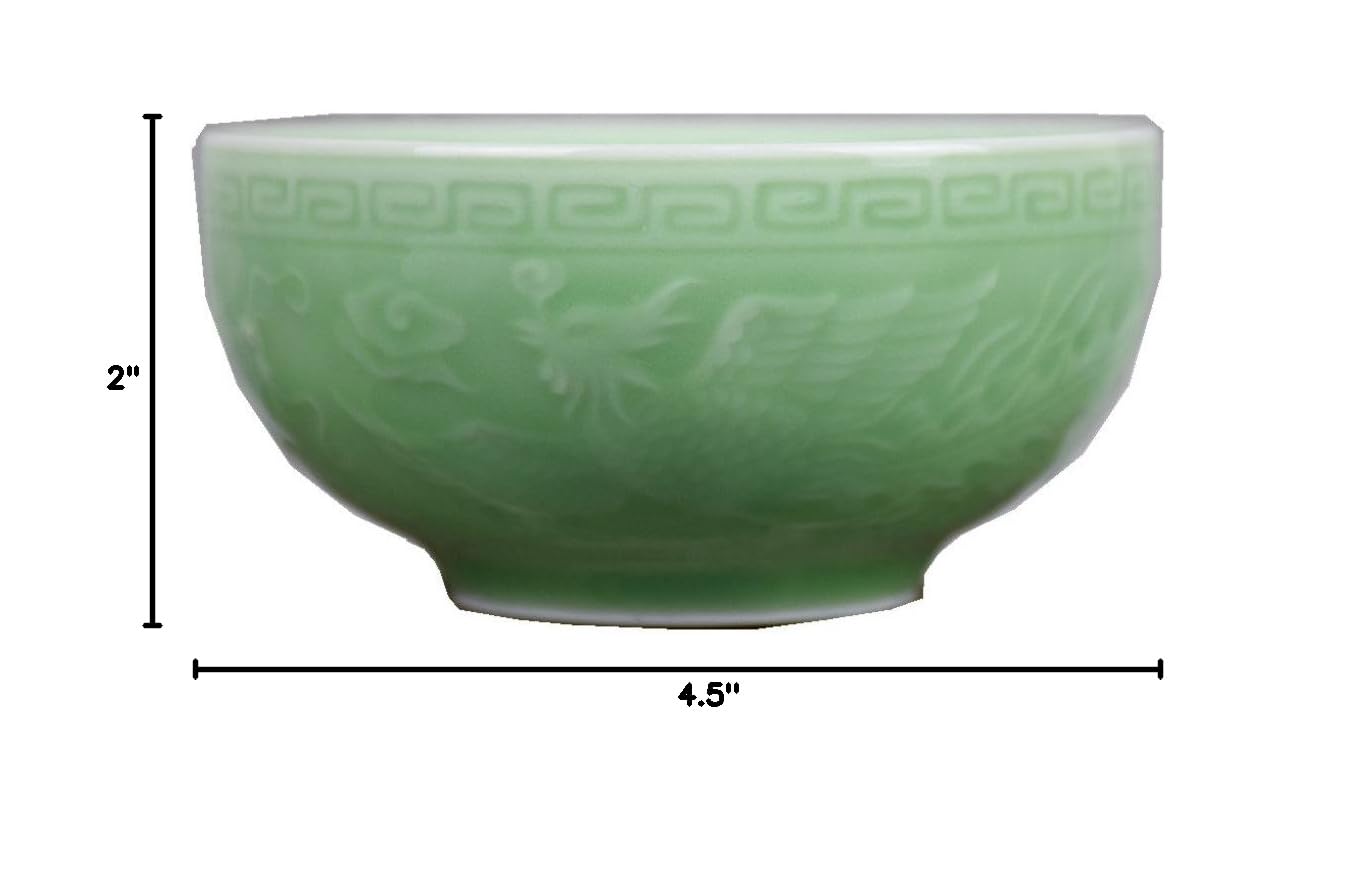 Premium Chinese Celadon 4.5-Inch Rice Bowls - Microwave & Dishwasher Safe - Exquisite Dragon & Phoenix Embossed Design - Perfect for Asian Cuisine, Home Dining & Gift Giving