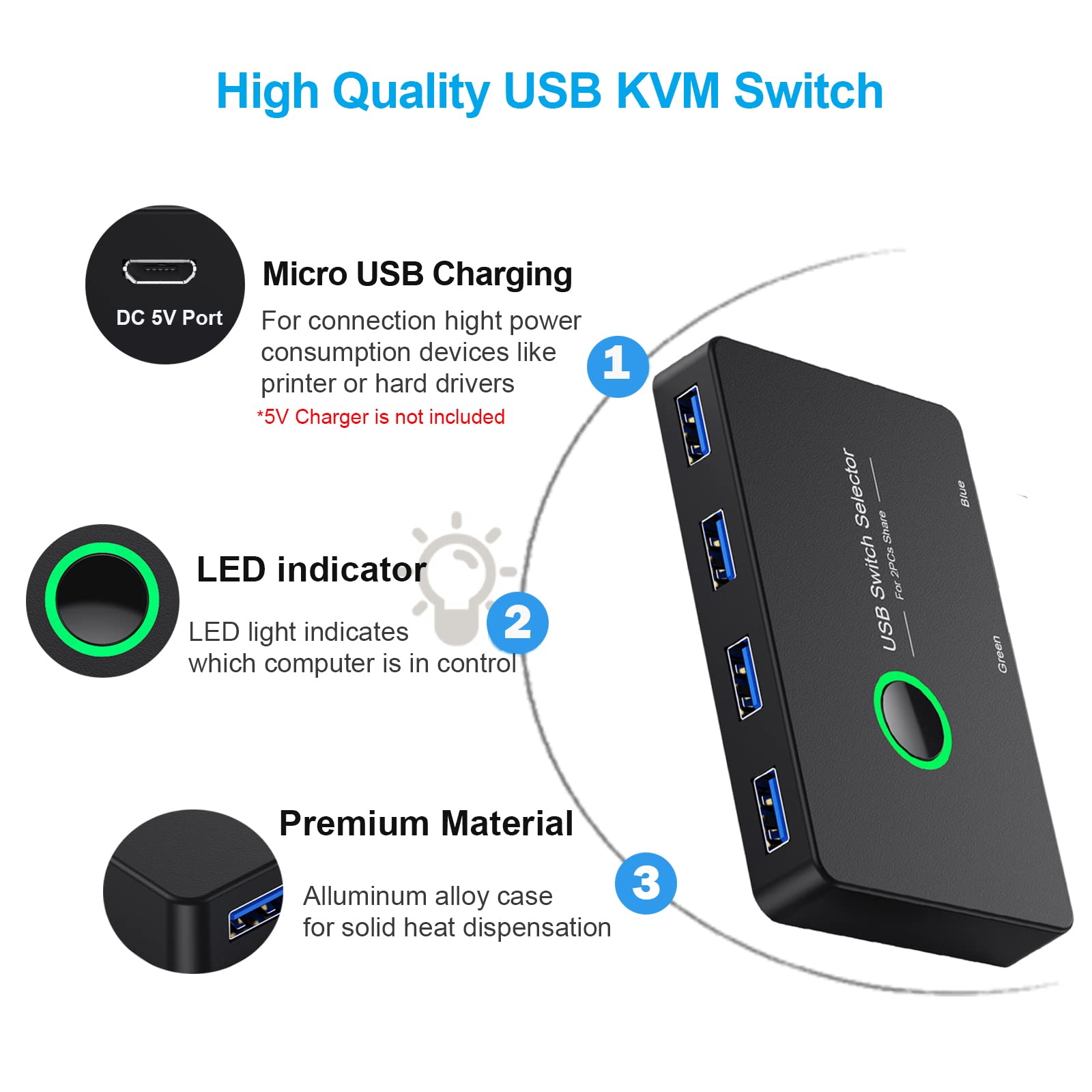 USB 3.0 Switch 4 Port - 2 Computer USB Switcher for Mouse, Keyboard, Printer & Scanner | KVM Switch Compatible with Windows, Mac, Linux | Perfect for Home Office & Multi-Device Workstations