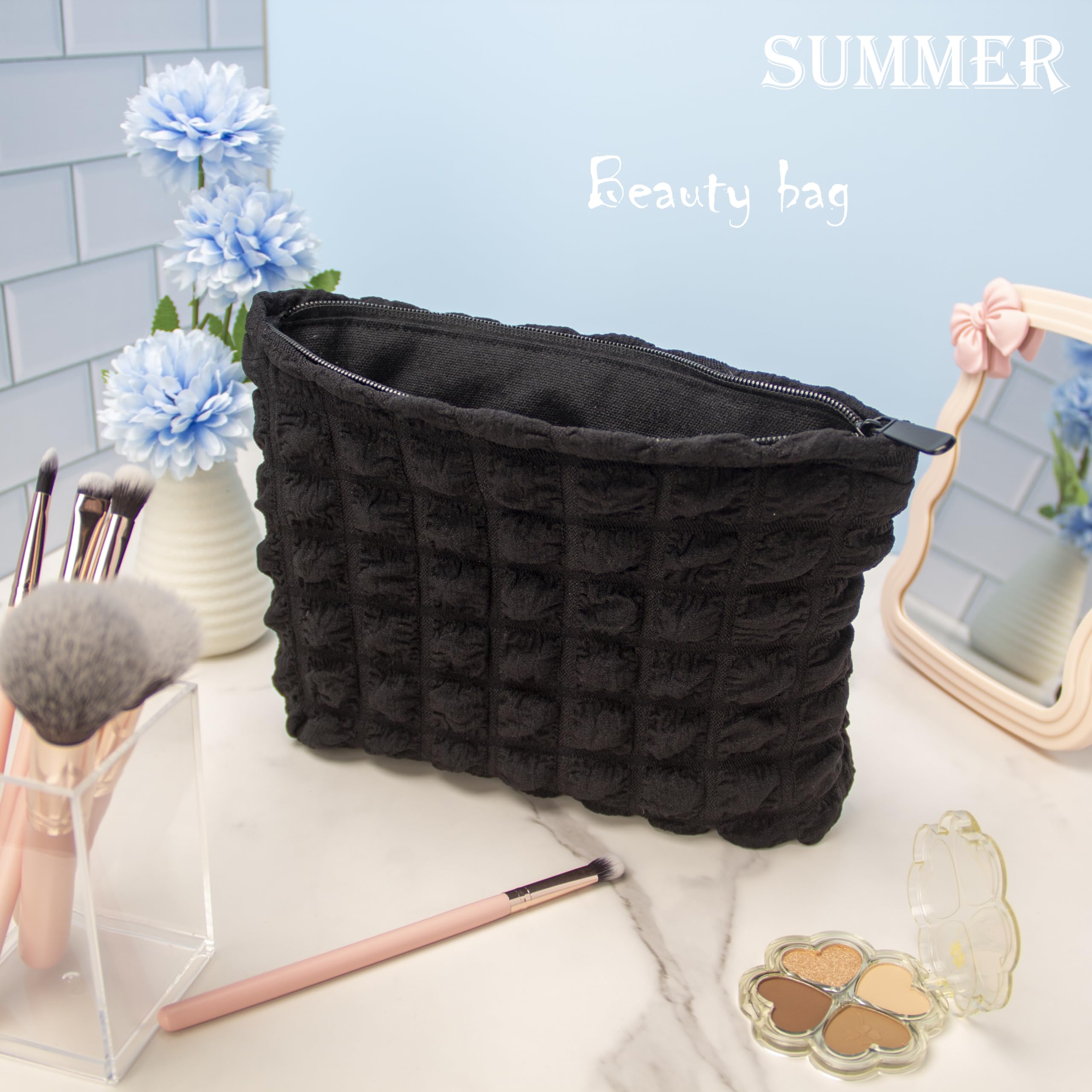 PAZIMIIK Large Floral Makeup Bag for Women - Cotton Canvas Cosmetic Organizer with Zipper Pouch - Perfect for Travel, Purse & Daily Use - Bubble Black Design