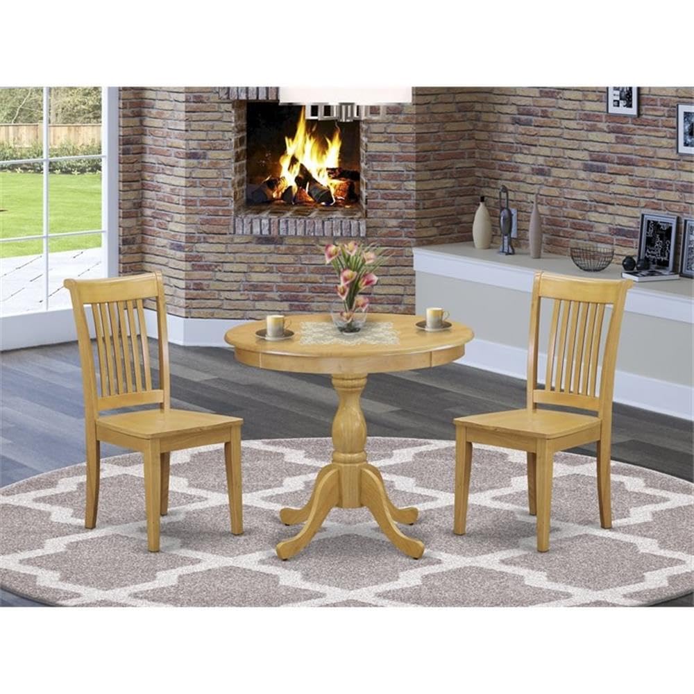 East West Furniture AMPO3-OAK-W 3 Piece Oak Dining Set with Round Pedestal Table & 2 Wooden Chairs, 36x36 Inch - Perfect for Small Spaces, Breakfast Nooks & Cozy Kitchen Dining Areas