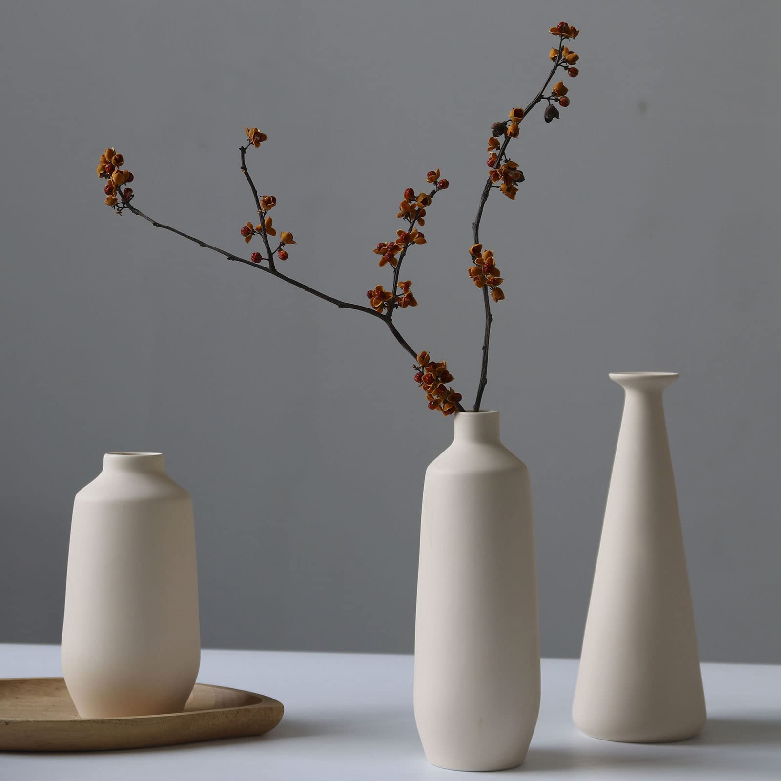 Abbittar Ceramic Vase Set of 3 - Modern Farmhouse Flower Vases for Home Decor, Rustic Table Centerpiece, Shelf & Mantel Display - Beige - Perfect for Living Room, Entryway, and Bookshelf Styling