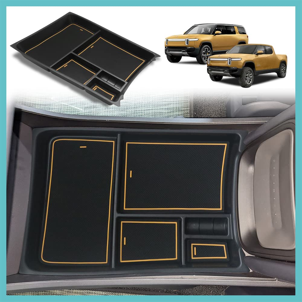 BestEvMod Rivian R1T & R1S Lower Center Console Organizer Tray - ABS Material with PVC Trim - Compatible with Rivian R1T/R1S 2022-2024 Models (Yellow) - Perfect for Organizing Small Items, Chargers & Accessories in Your Electric Vehicle