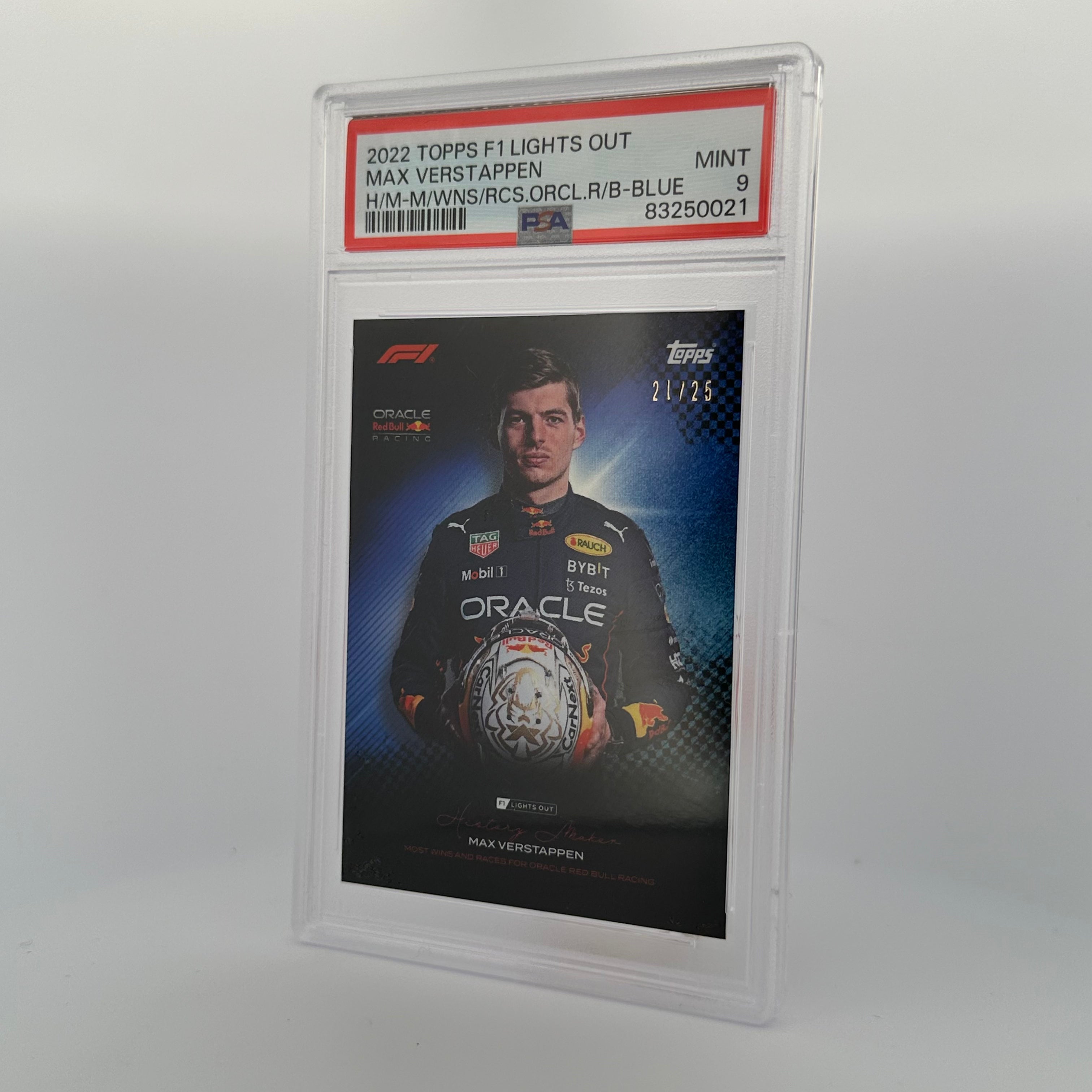 PSA 9 Graded 21/25 Max Verstappen History Maker Card - Most Wins & Races for Oracle Red Bull Racing (Blue) - Perfect for F1 Collectors and Racing Memorabilia Displays