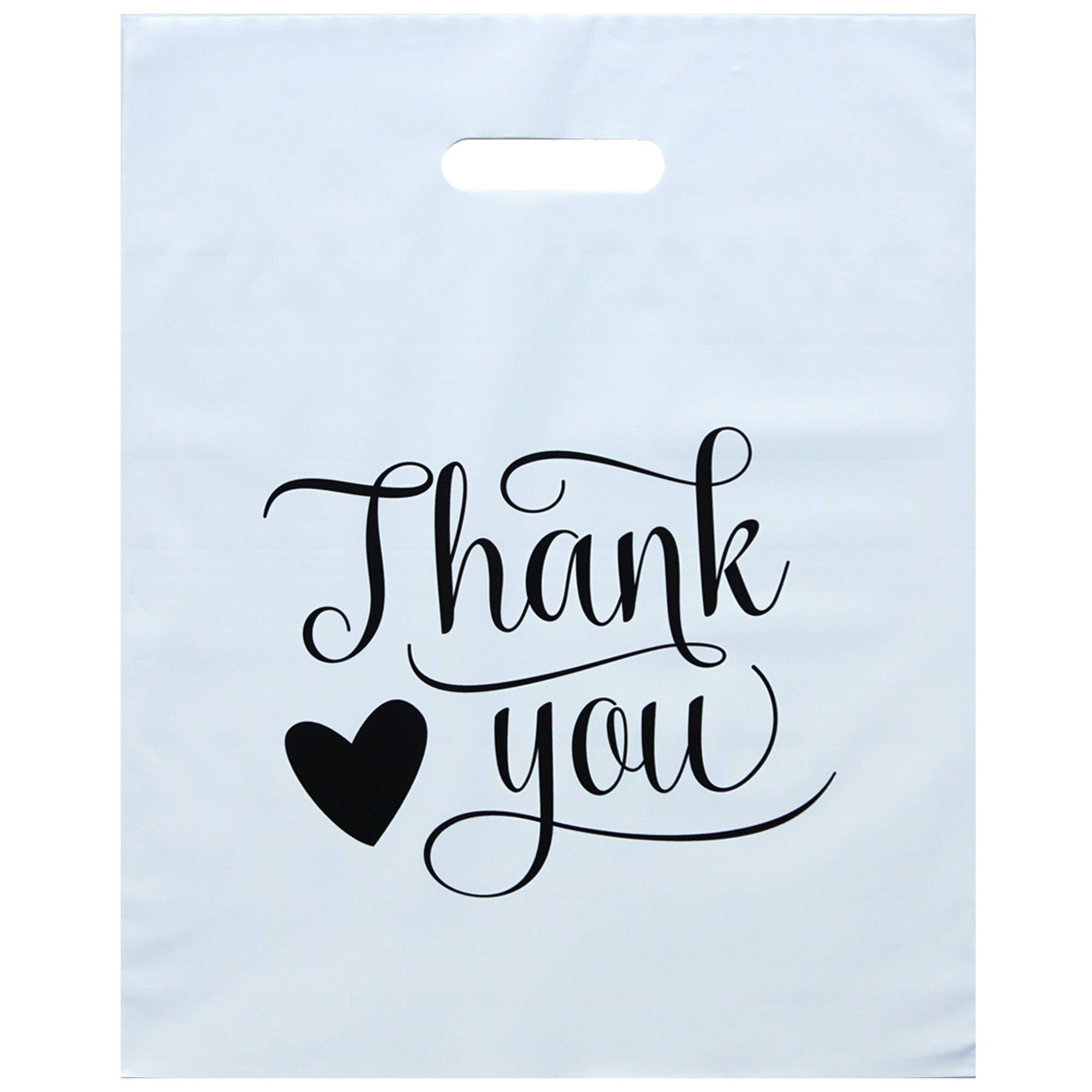 Premium White Thank You Bags with Heart Design (50 Pack) - 12x15 Inch Durable Plastic Shopping Bags with Handles for Small Business | Gift Packaging, Retail Stores & Party Favors