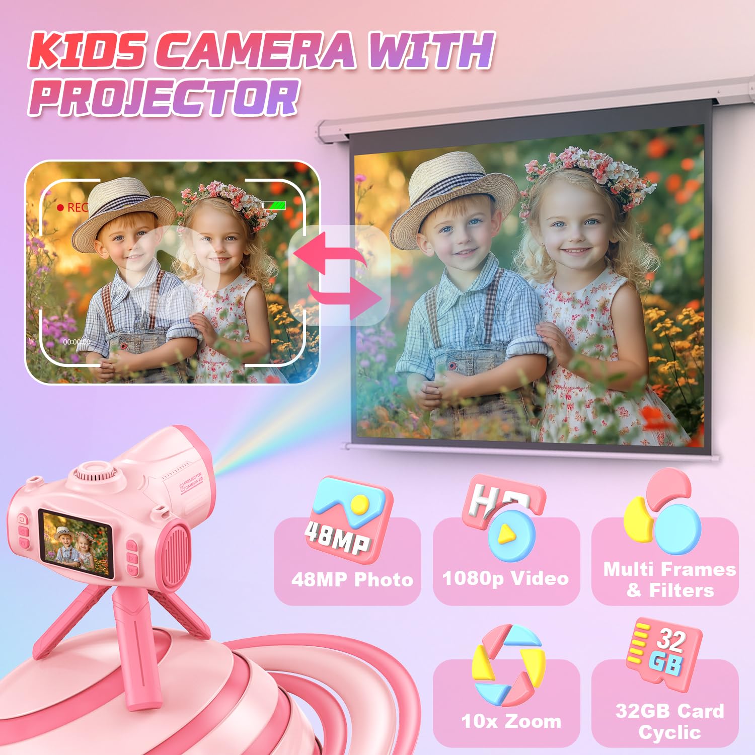 **Kids Camera with Projector - 1080P HD Big Screen Selfie Camera with Tripod, 32GB Memory, Perfect Birthday Gift for Boys & Girls Ages 6-12 (Pink) - Great for Travel, Parties & Creative Play**