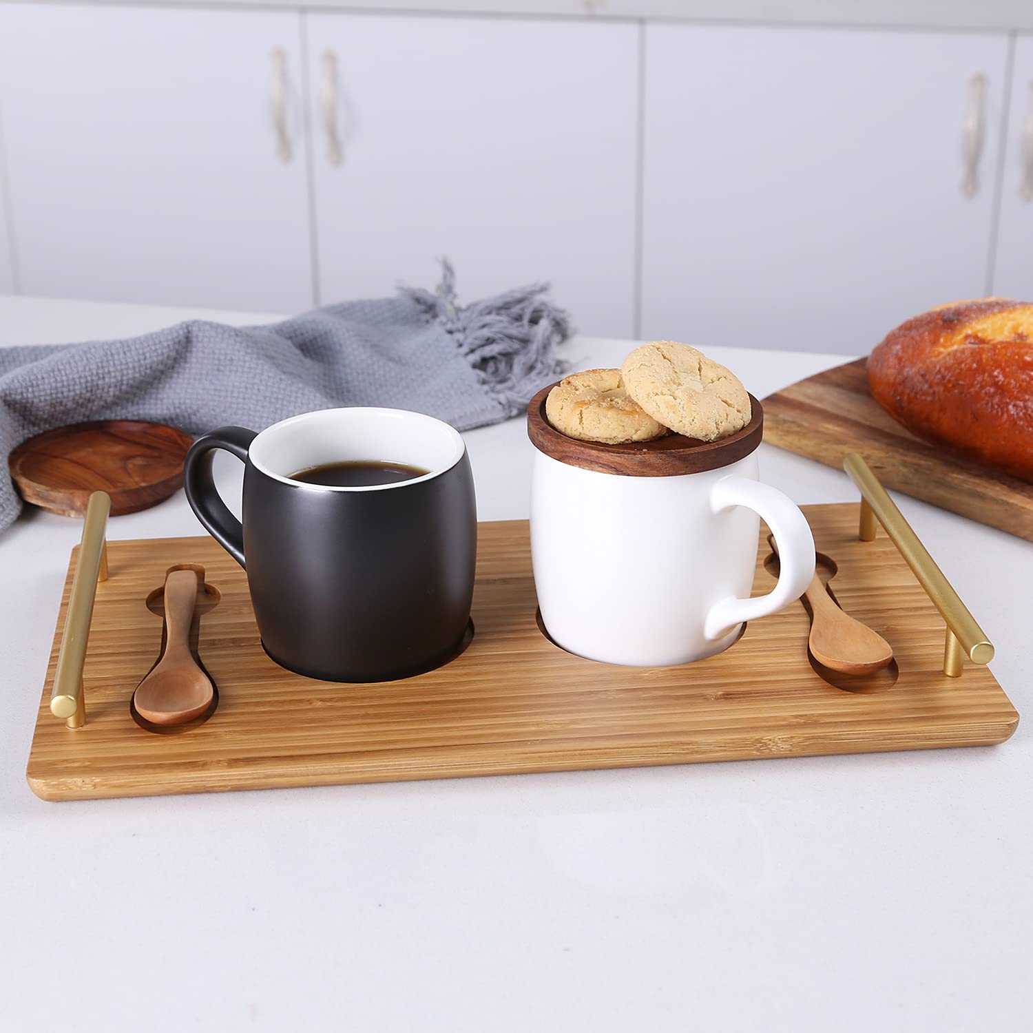 KKC HOME ACCENTS 13oz Ceramic Coffee Mug Set of 2 with Bamboo Tray & Spoons - Black & White Coffee Cups for Home, Office, Gift - Perfect for Coffee, Tea, Hot Chocolate & Breakfast Beverages