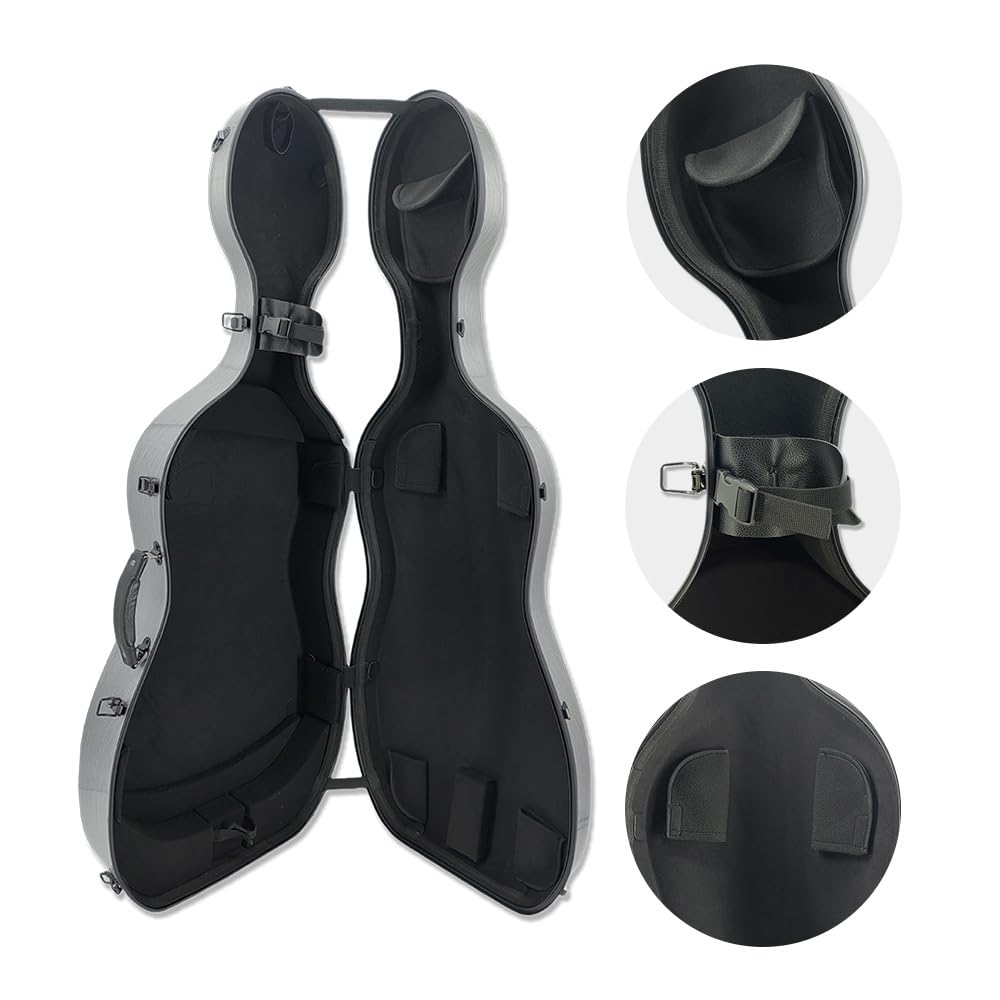 Premium Carbon Fiber Hard Cello Case for Adults - 1/2 Size with 2 Bow Holders, Reinforced Handle, Back Straps & Wheels - Ultra Lightweight & Durable Cello Box for Travel, Performances & Storage