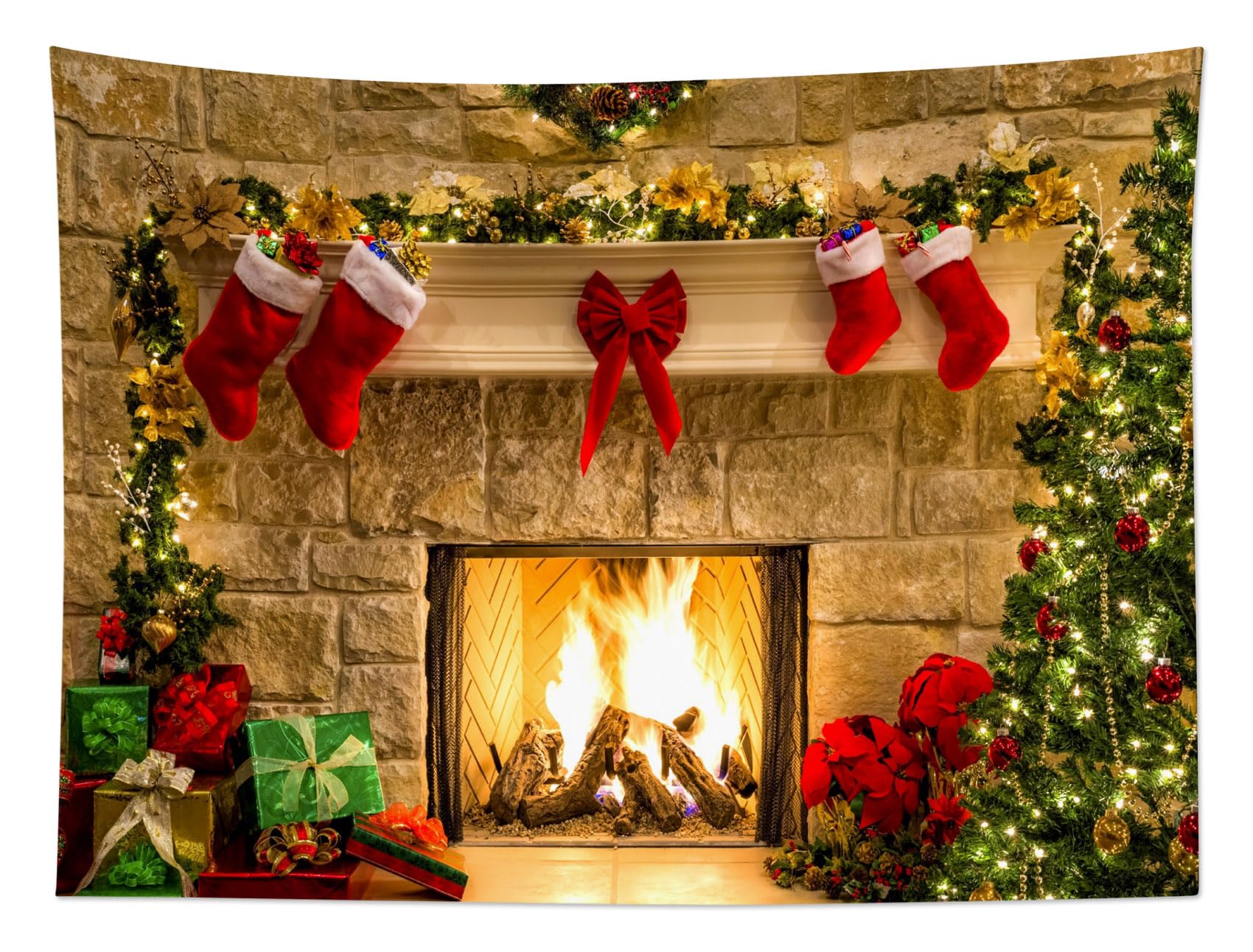 HVEST Christmas Tree Tapestry Wall Hanging - 92.5x70.9 Inch Large Holiday Decor with Stockings for Bedroom, Living Room & Dorm - Warm Orange Festive Wall Art for Christmas Decorations & Seasonal Home Styling