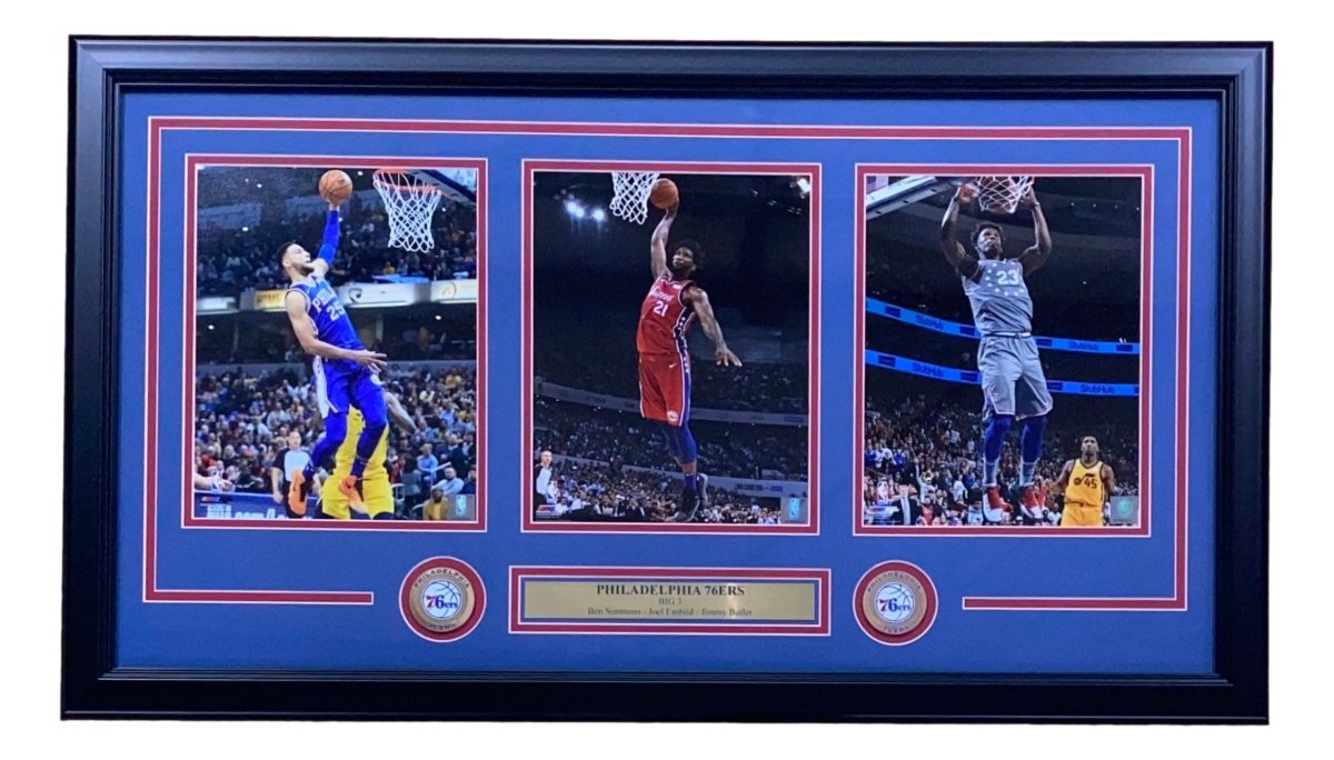 Joel Embiid Ben Simmons Jimmy Butler Framed 18x34 Philadelphia 76ers 8x10 Photo Collage - Perfect for NBA Fans, Sports Memorabilia Collectors & Home/Office Wall Decor