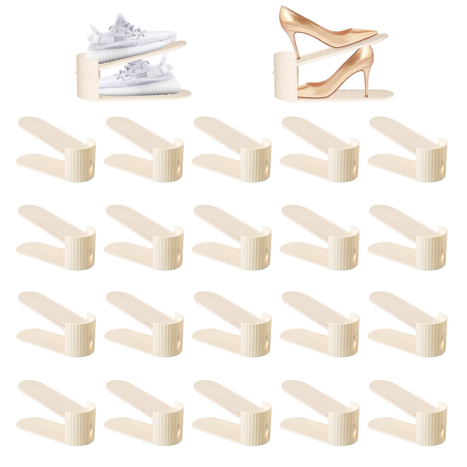 20 Pack Adjustable Shoe Stacker Organizer - Double Layer Space Saving Shoe Rack Riser for Closet, Thickened Shoe Holder for Sneakers & Heels (White) - Perfect for Small Closets, Dorm Rooms & Apartment Storage