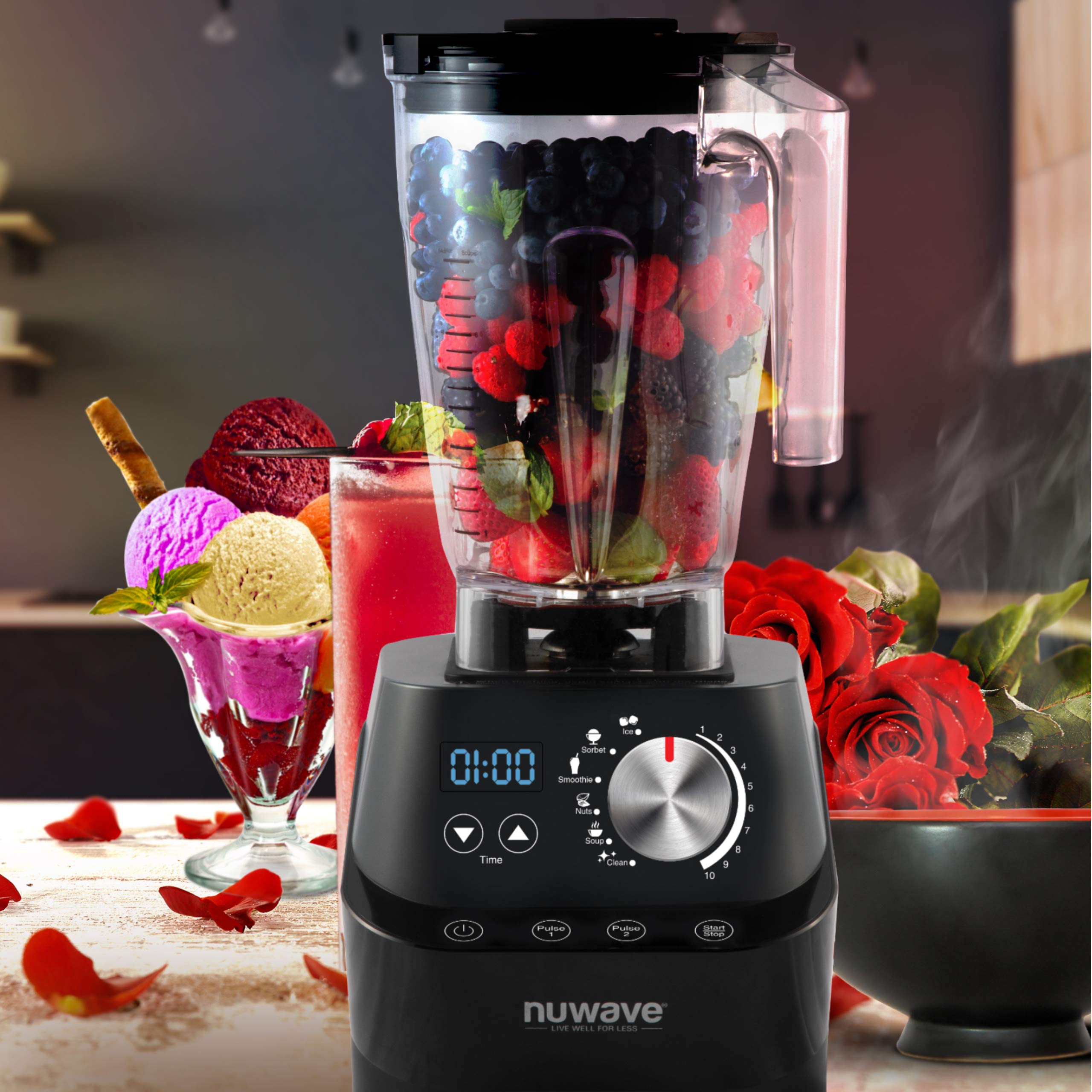 NuWave Moxie 2.5HP Commercial Blender - Professional Vacuum Smoothie Maker with Self-Cleaning Function, 6 Presets & 10 Speed Settings for Shakes, Smoothies, Nut Butters, Ice Crushing - Perfect for Restaurants, Juice Bars & Home Kitchens (Black/Grey)