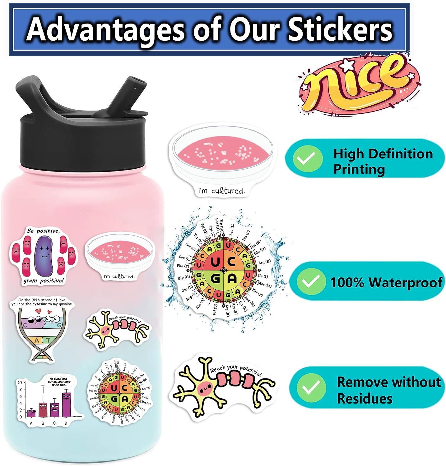 100Pcs Science Lab Stickers - Funny Biology Experiment Decals for Water Bottles, Laptops, Skateboards & More | Perfect for Students, Teachers & Science Lovers | Great for School, Lab & DIY Projects