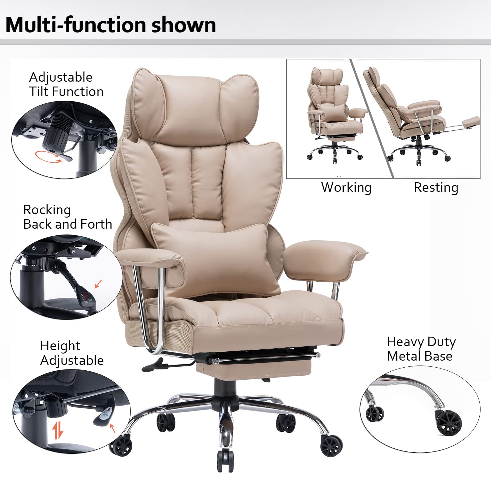 Efomao 400LBS Heavy Duty Executive Office Chair - Big and Tall PU Leather Computer Desk Chair with Adjustable Lumbar Support & Footrest - Dark Beige Ergonomic Chair for Home Office, Gaming & Workspace