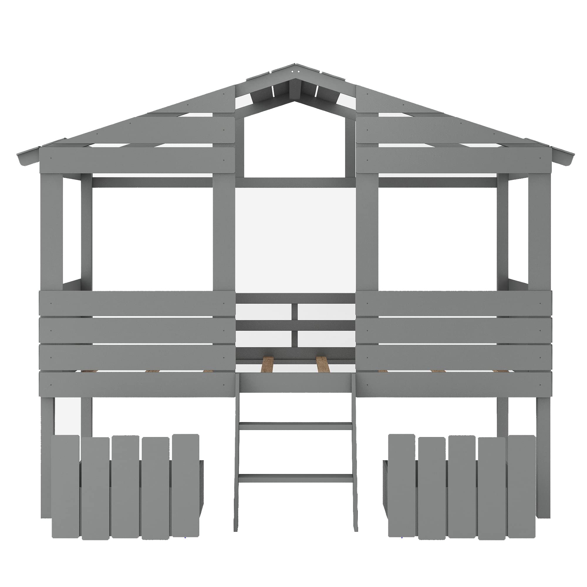 Twin Low Loft Bed with 2 Drawers - House Shaped Wooden Bed Frame with Roof, Window & Short Ladder - No Box Spring Needed - Perfect Kids Bed for Boys & Girls (Gray) - Ideal for Small Bedrooms, Playrooms & Space-Saving Kids' Rooms