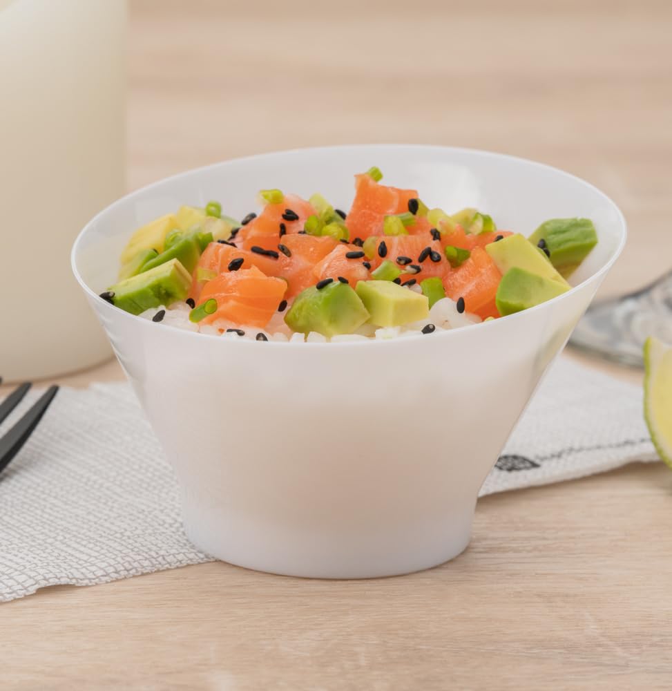 5 oz Disposable Plastic Appetizer Bowls - 100 Pack White Round Serving Bowls with Incline Design - Durable Snack Cups for Weddings, Birthdays, Parties & Catering - Perfect for Chips, Nuts, Candy & Small Appetizers