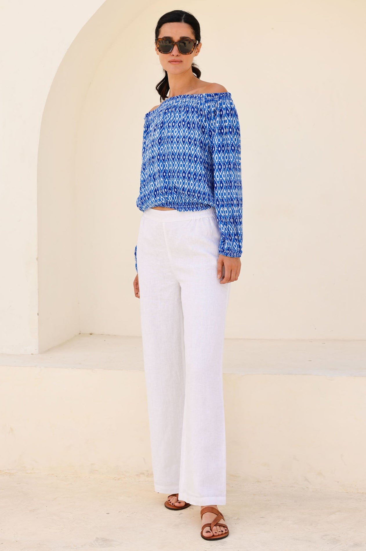 Ilana Long Sleeve Frill Top Women's Blouse - Aztec Blue & White Boho Chic Shirt for Casual Wear, Date Night & Office Outfits