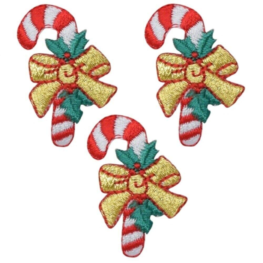 Christmas Candy Cane Iron-On Applique Patches with Gold Bow (3-Pack) - 1.25