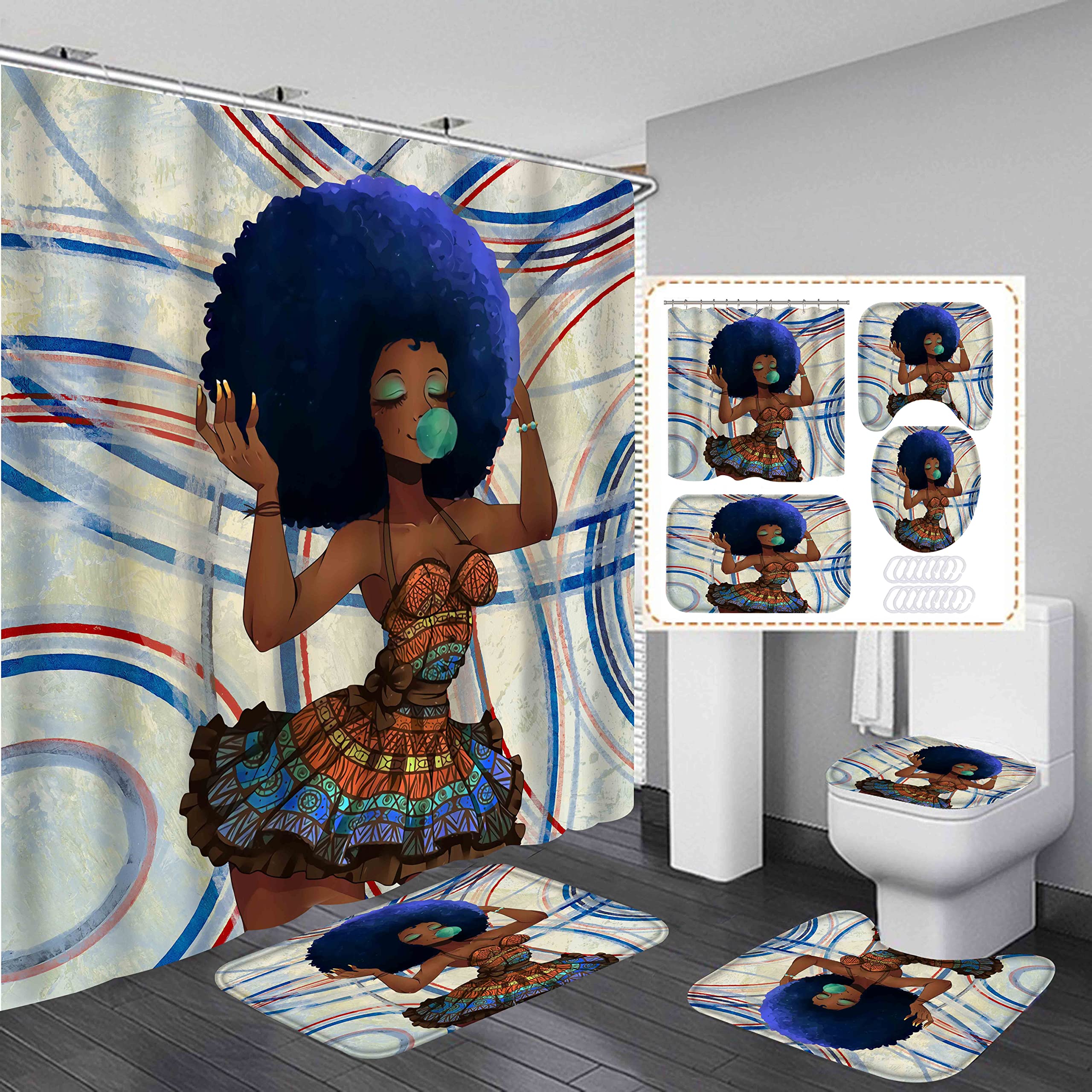 African American Retro Shower Curtain Set with Matching Bath Mat & Toilet Cover - 4PC Black Girl Bathroom Decor in Blue - Perfect for Vintage Themed Bathrooms & Afrocentric Home Decor