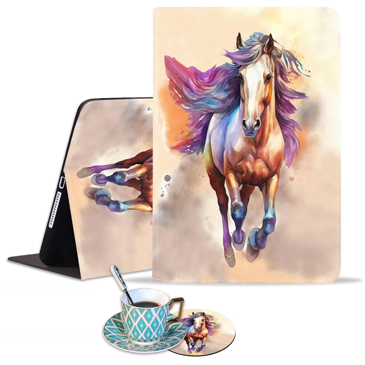 Premium Auto Wake/Sleep Smart Case for iPad 9.7 (2017/2018), iPad Air & Air 2 - Adjustable Stand with Watercolor Horse Design | Includes Bonus Coasters | Perfect for Work, Travel & Home Use