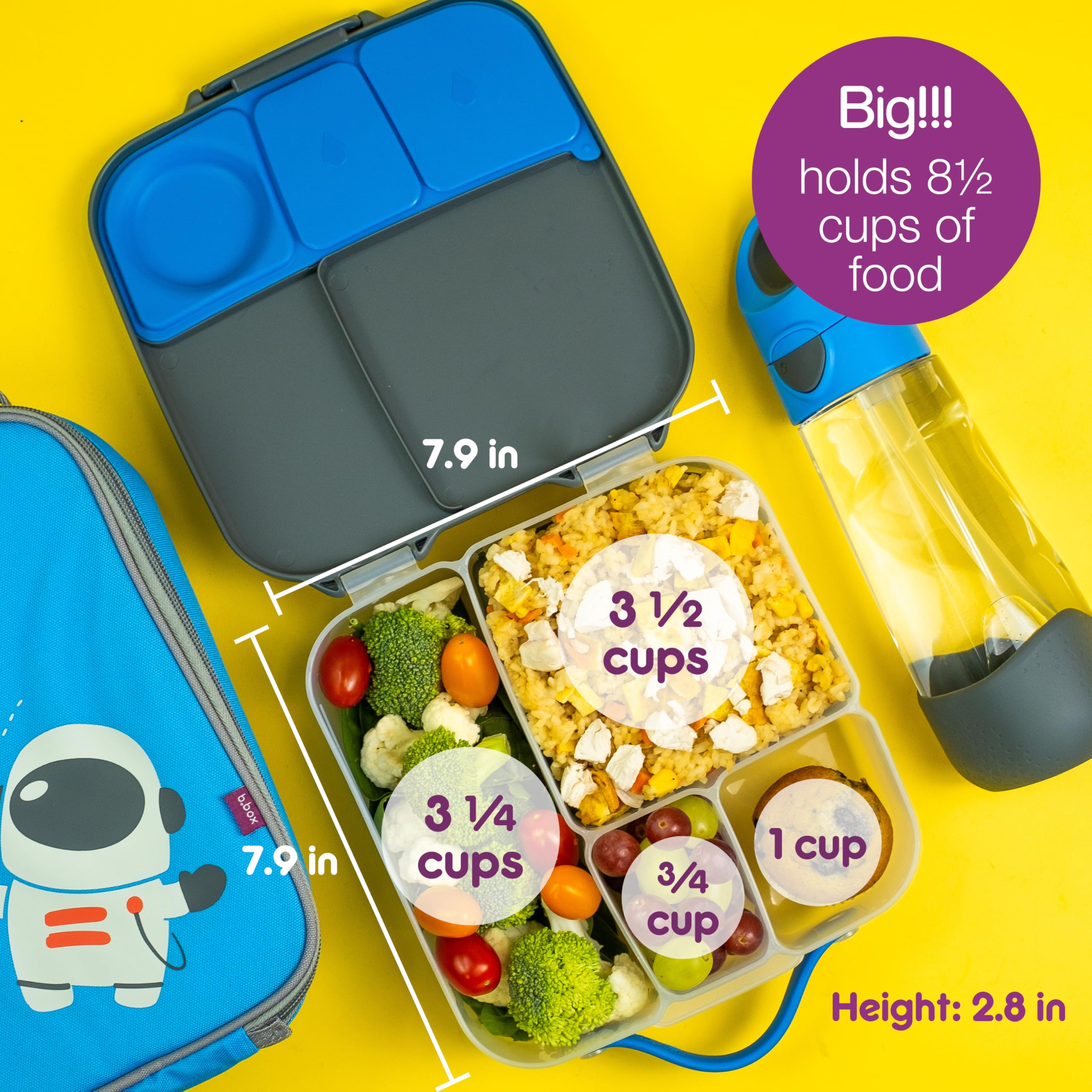 Bento Lunch Box for Kids - Large 8.5 Cup Capacity with 4 Compartments (2 Leak-Proof), Removable Divider & Gel Pack | Perfect for School, Picnics & Travel | Ideal for Big Eaters Age 3+ | Durable Kids Lunch Container
