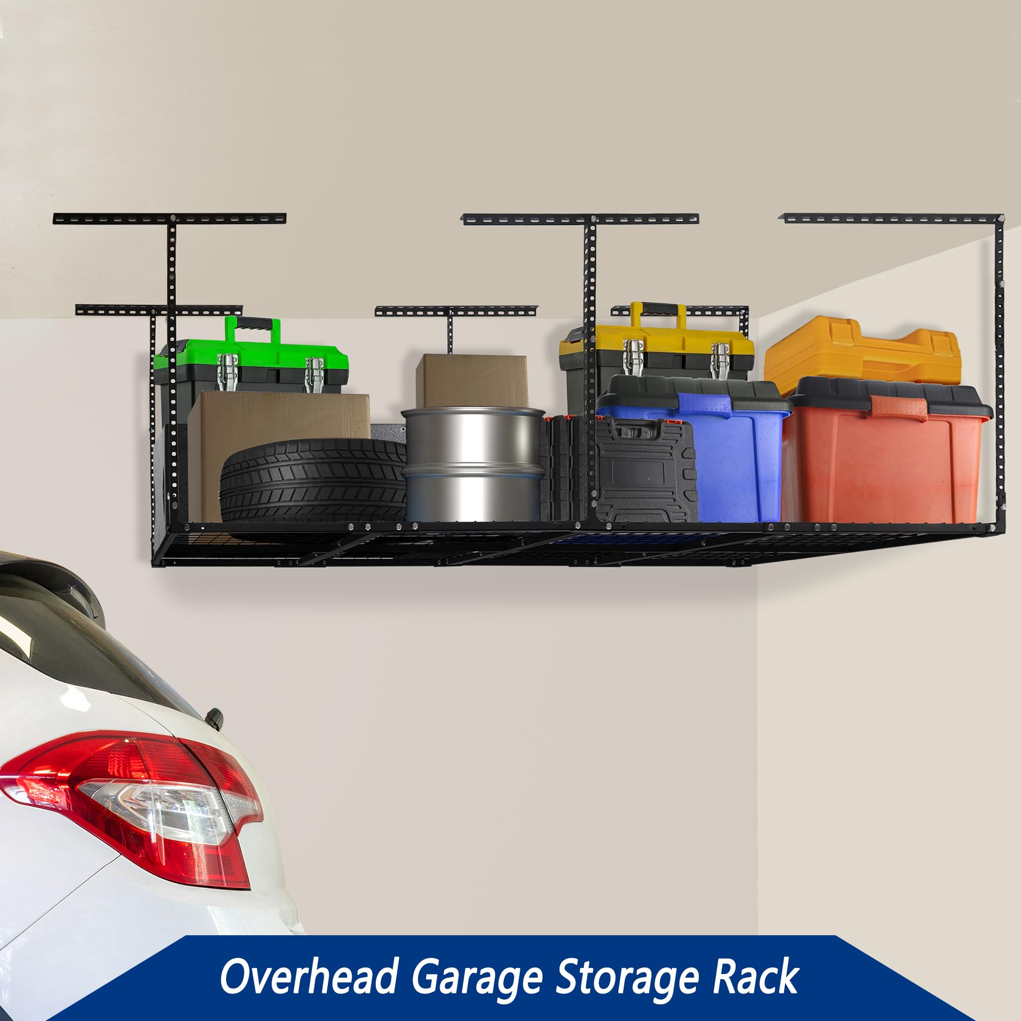 3 x 8FT Heavy Duty Overhead Garage Storage Rack - Adjustable Ceiling Shelving System with 600lbs Capacity - Perfect for Garage Organization, Seasonal Items & Sports Equipment Storage (Black)