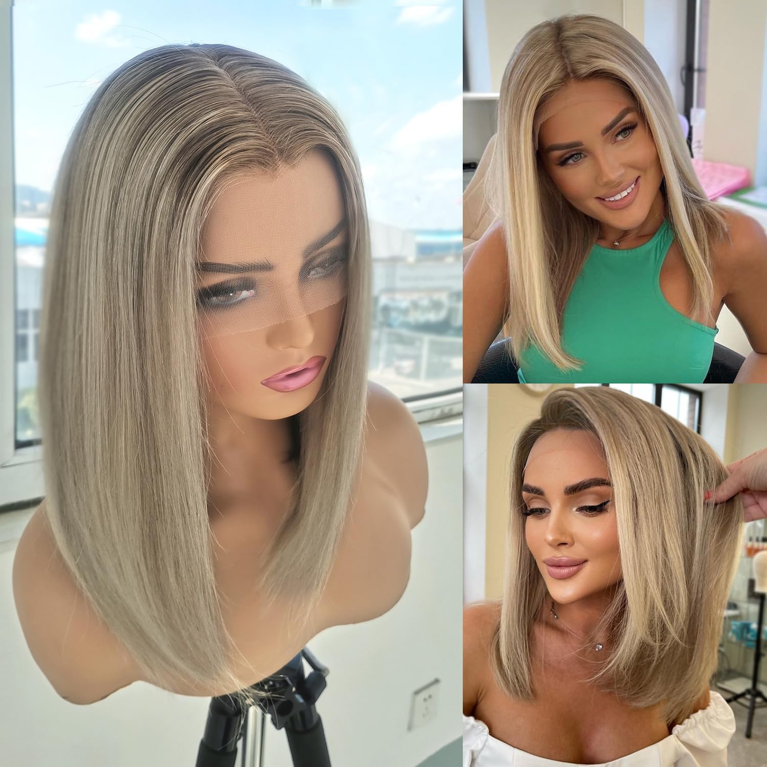 Ash Blonde Ombre Short Bob Wig with 13x4 HD Lace Front - 100% Human Hair, Pre-Plucked, 180 Density, 12 Inch - Perfect for Daily Wear, Cosplay & Special Occasions