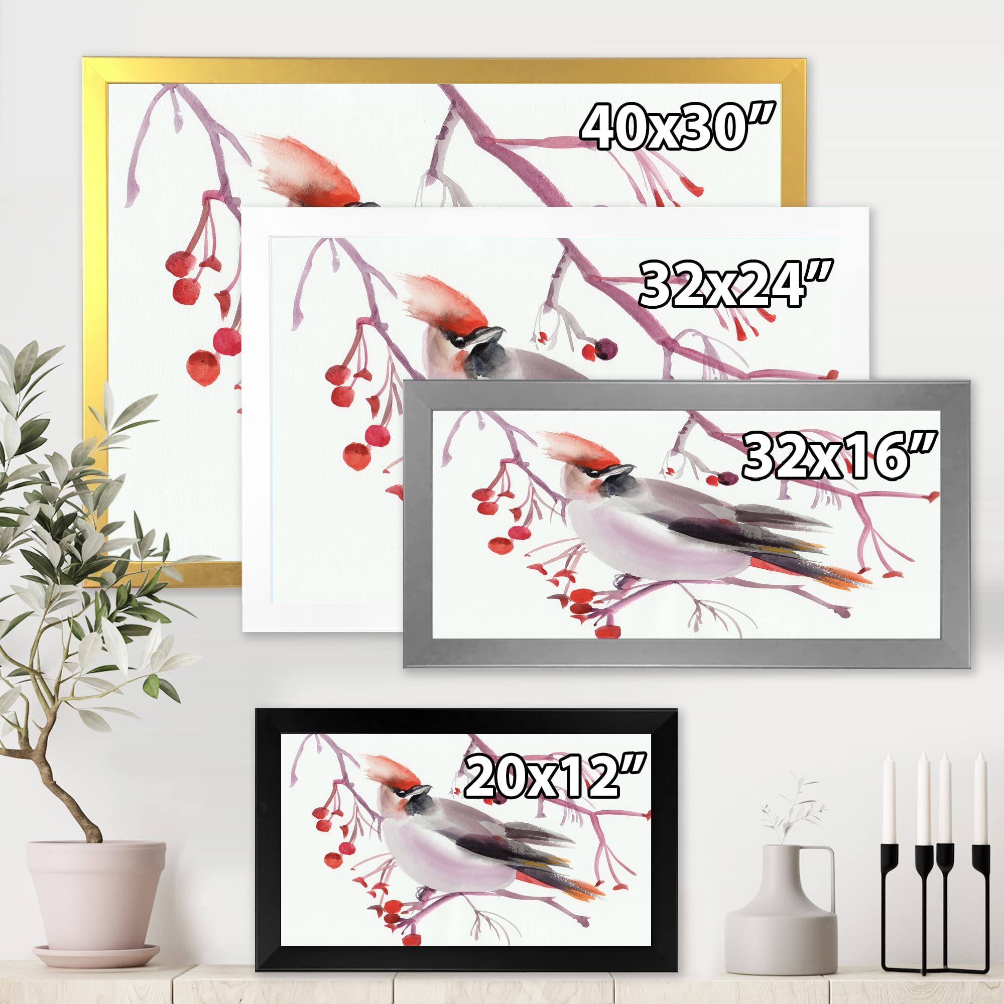 Waxwing Bird on Branch Framed Wall Art - Traditional Nature Home Decor for Living Room, Bedroom & Office