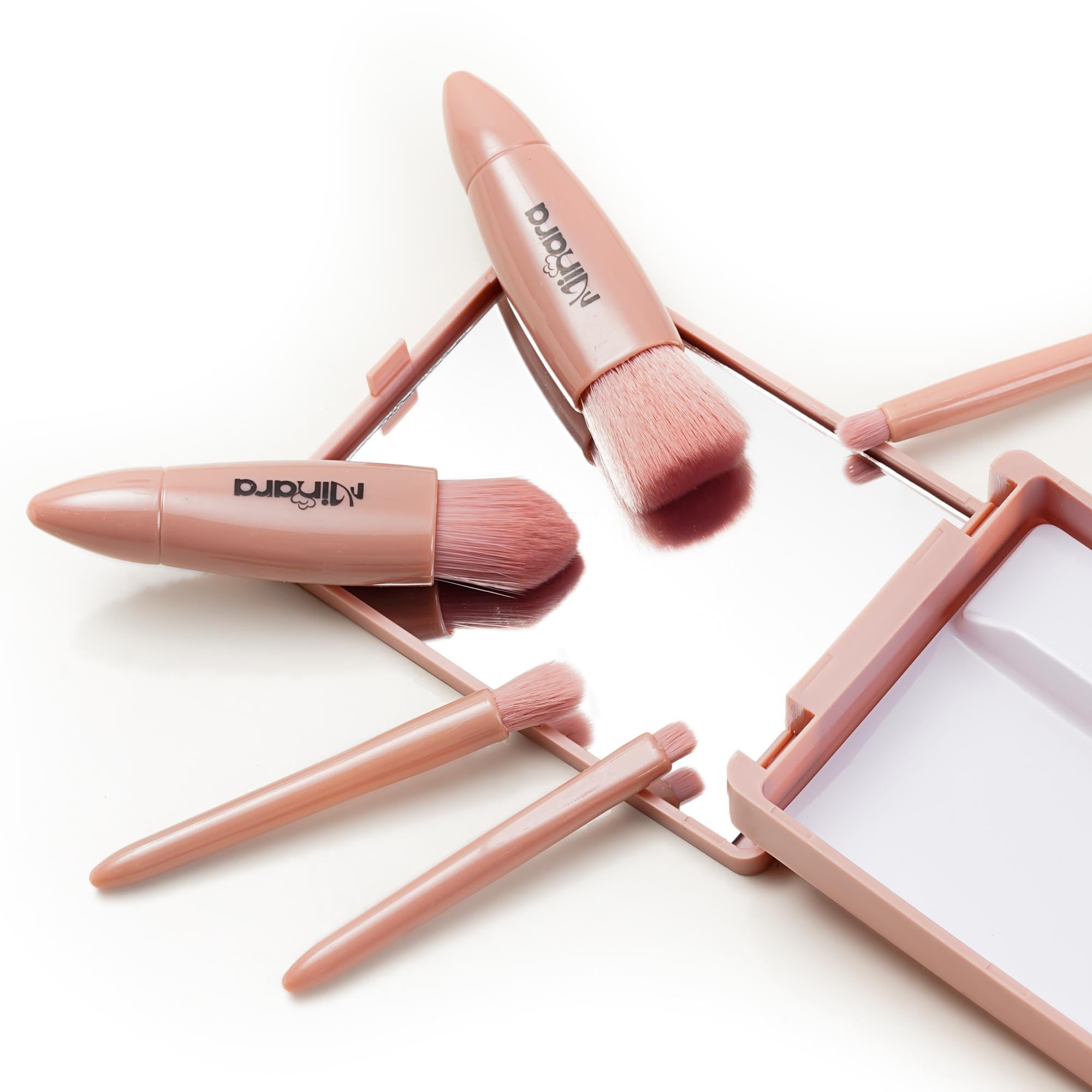 Minara 5-Piece Travel Makeup Brush Set with Mirror & Pouch (Nude) | Portable Cosmetic Brush Kit for Women | Perfect for On-The-Go Touchups & Professional Makeup Application