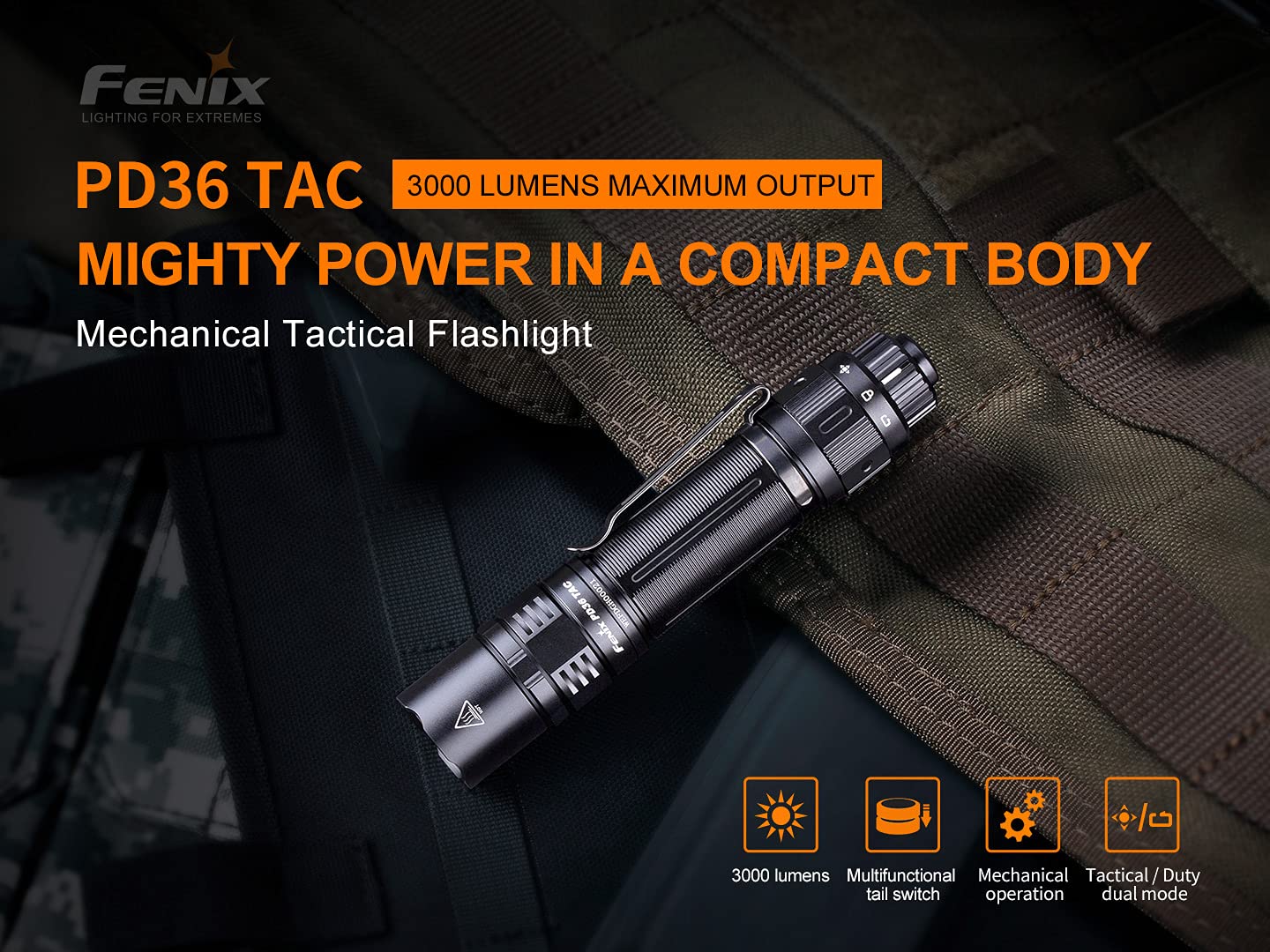 Fenix PD36 TAC 3000 Lumen Tactical Flashlight - USB-C Rechargeable LED Flashlight with 2X ARB-L21-5000U Batteries & LumenTac Organizer - Perfect for Outdoor Camping, Hiking, Emergency, and Tactical Use