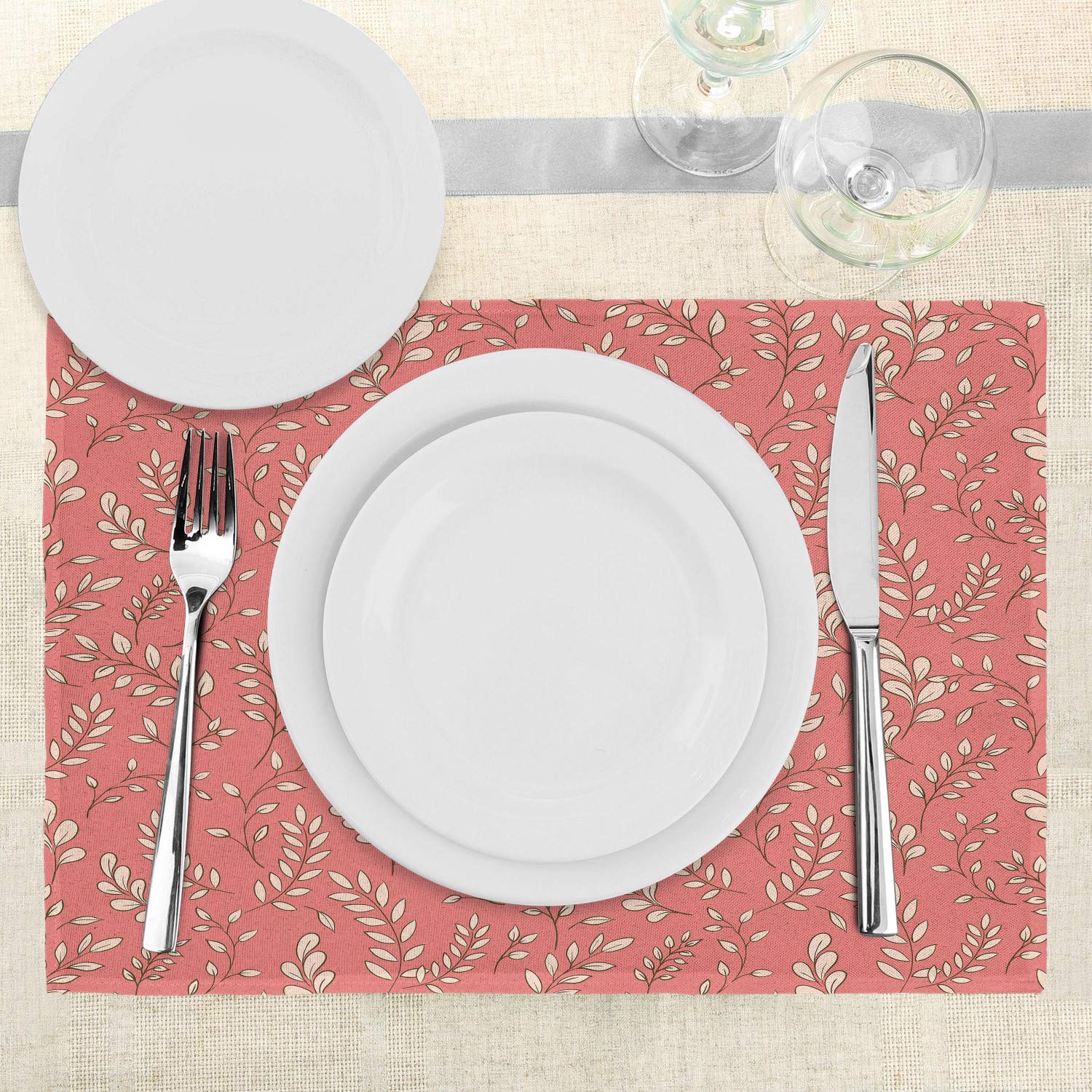 Ambesonne 4-Piece Coral Place Mats Set - Botanical Leaves & Twigs Design, Washable Fabric for Dining Room & Kitchen Table Decor in Coral, Peach, Black | Perfect for Seasonal Nature-Themed Dinner Parties & Home Decor