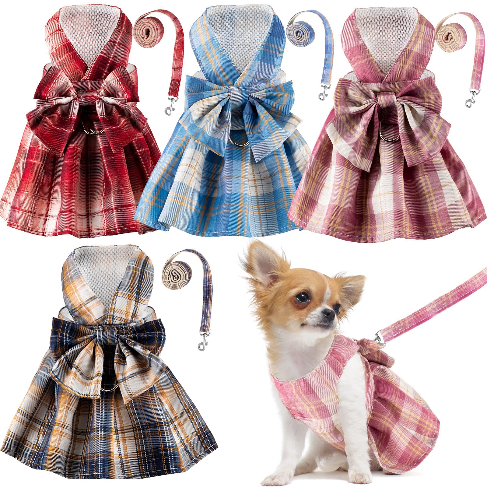 4 Pcs Cute Plaid Dog Dress Set with Bow Tie Harness & Leash for Small Dogs - Puppy Clothes for Girls Summer Outfits (Medium, Dark Color) - Perfect for Daily Walks, Pet Parties & Photo Shoots