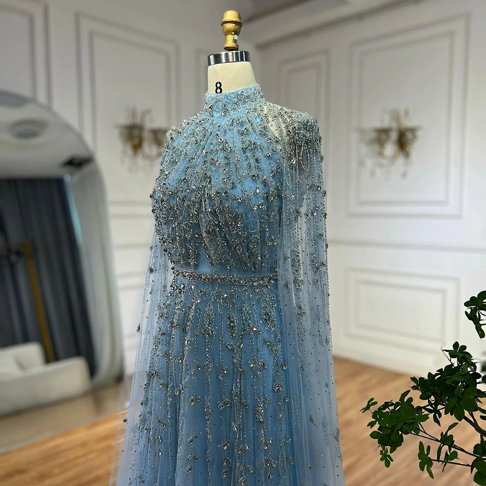 Elegant Blue Beaded A-Line Evening Gown with Cape Sleeves - LA71803G | Formal Party Dress for Prom, Wedding & Black Tie Events